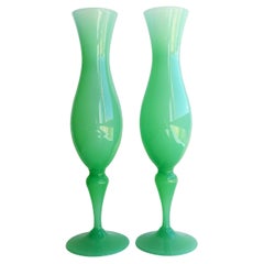 Pair of  Jade Green Vases Empoli Glass/ Opalina Florentina Labeled, Italy 1950s