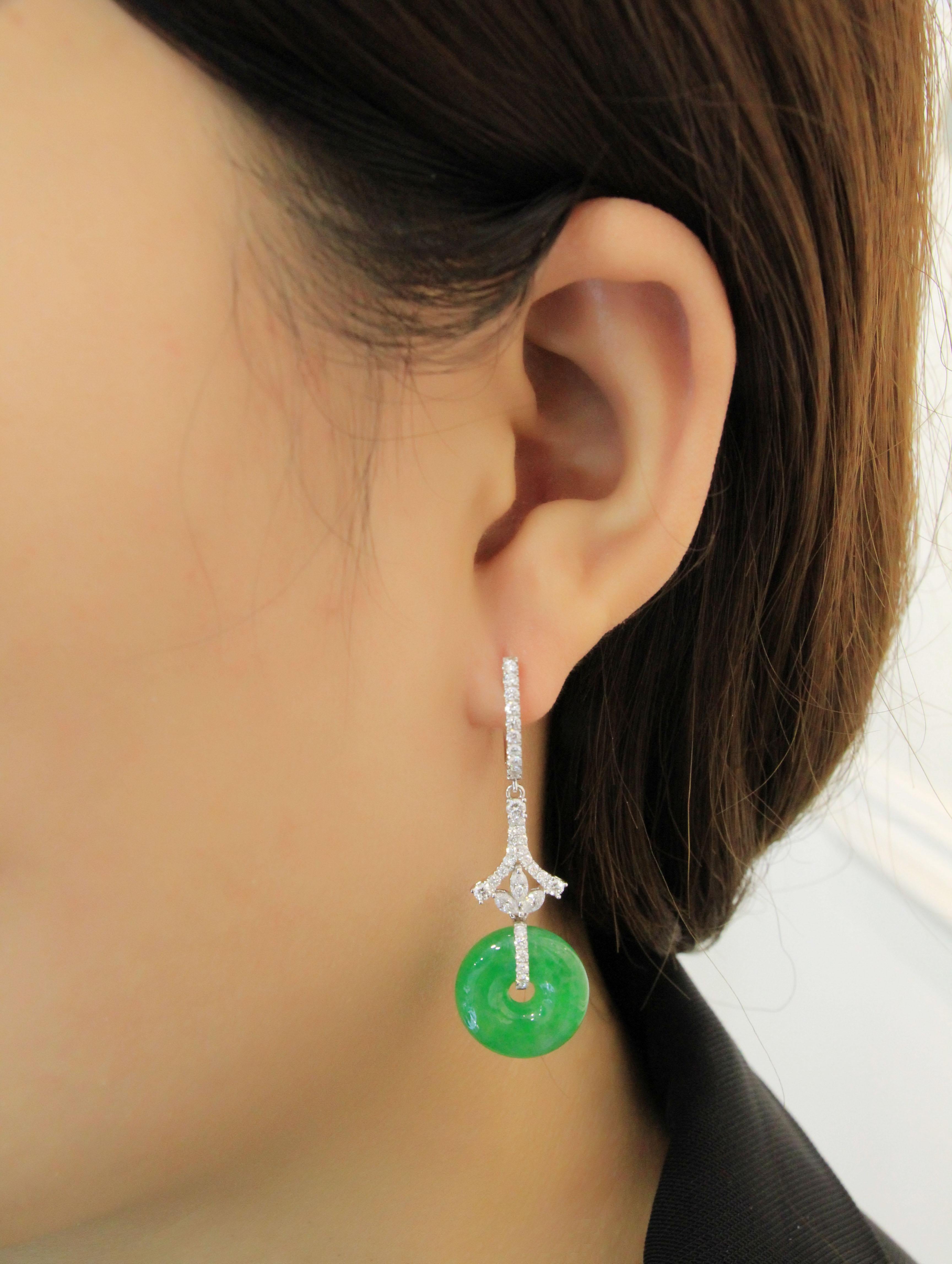 Women's A Pair of Imperial Jadeite and Diamond Earrings in 18 Karat White Gold For Sale