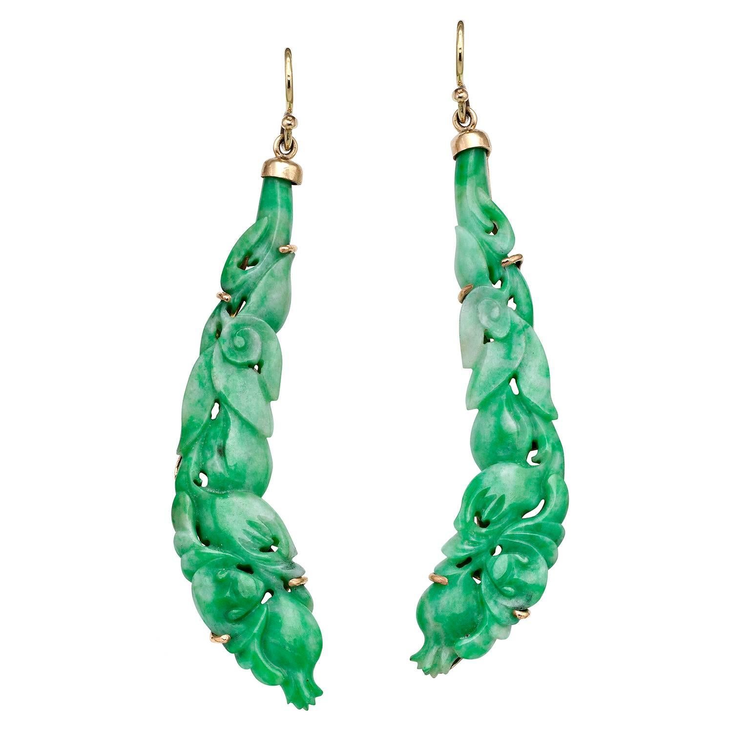Pair of Jadeite Earrings, Hand Carved and Set in 14 Carat Gold In New Condition For Sale In Malvern, Victoria