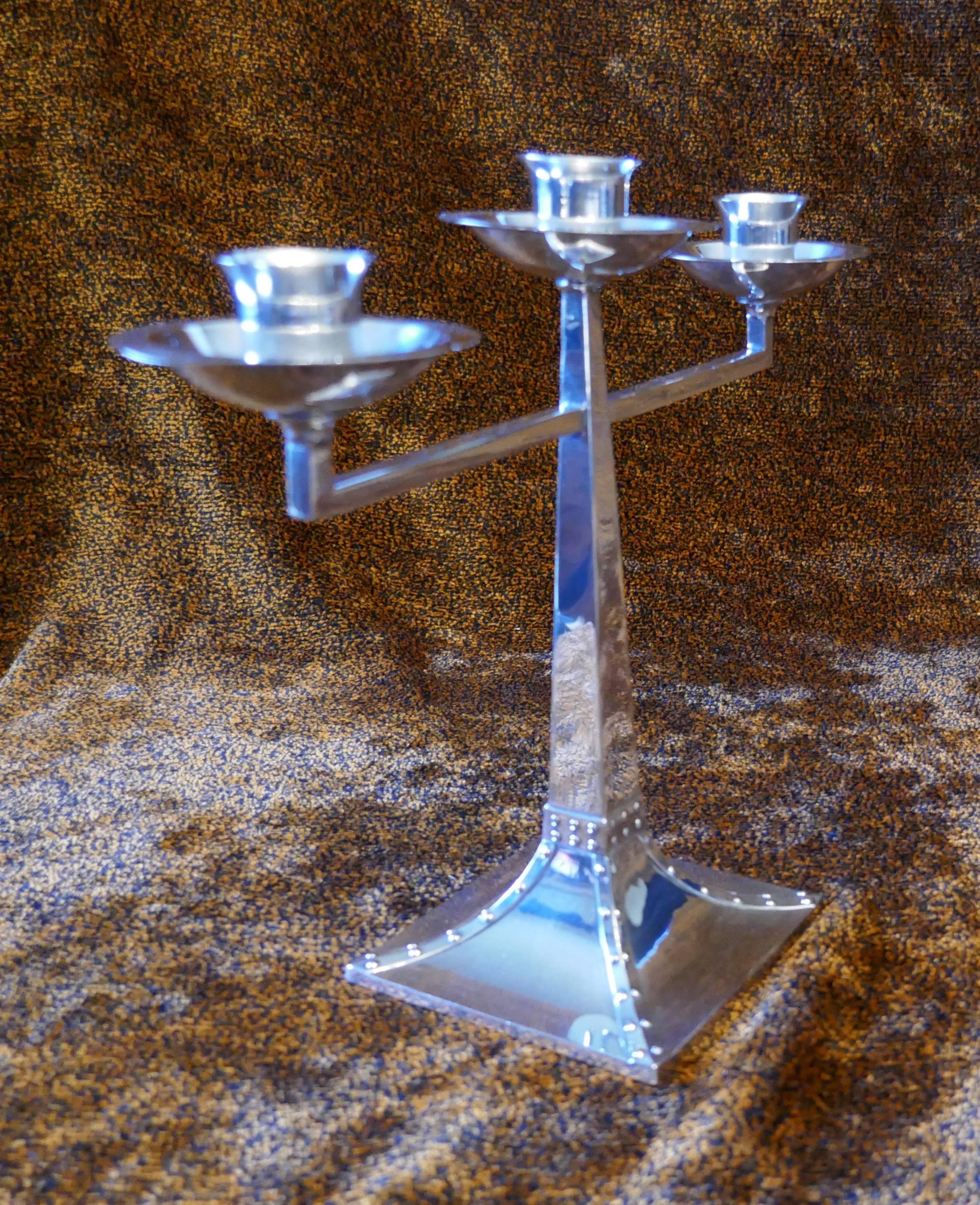 Arts and Crafts Pair of James Dixon & Sons Three-Branch Silver Arts & Crafts Candelabra For Sale