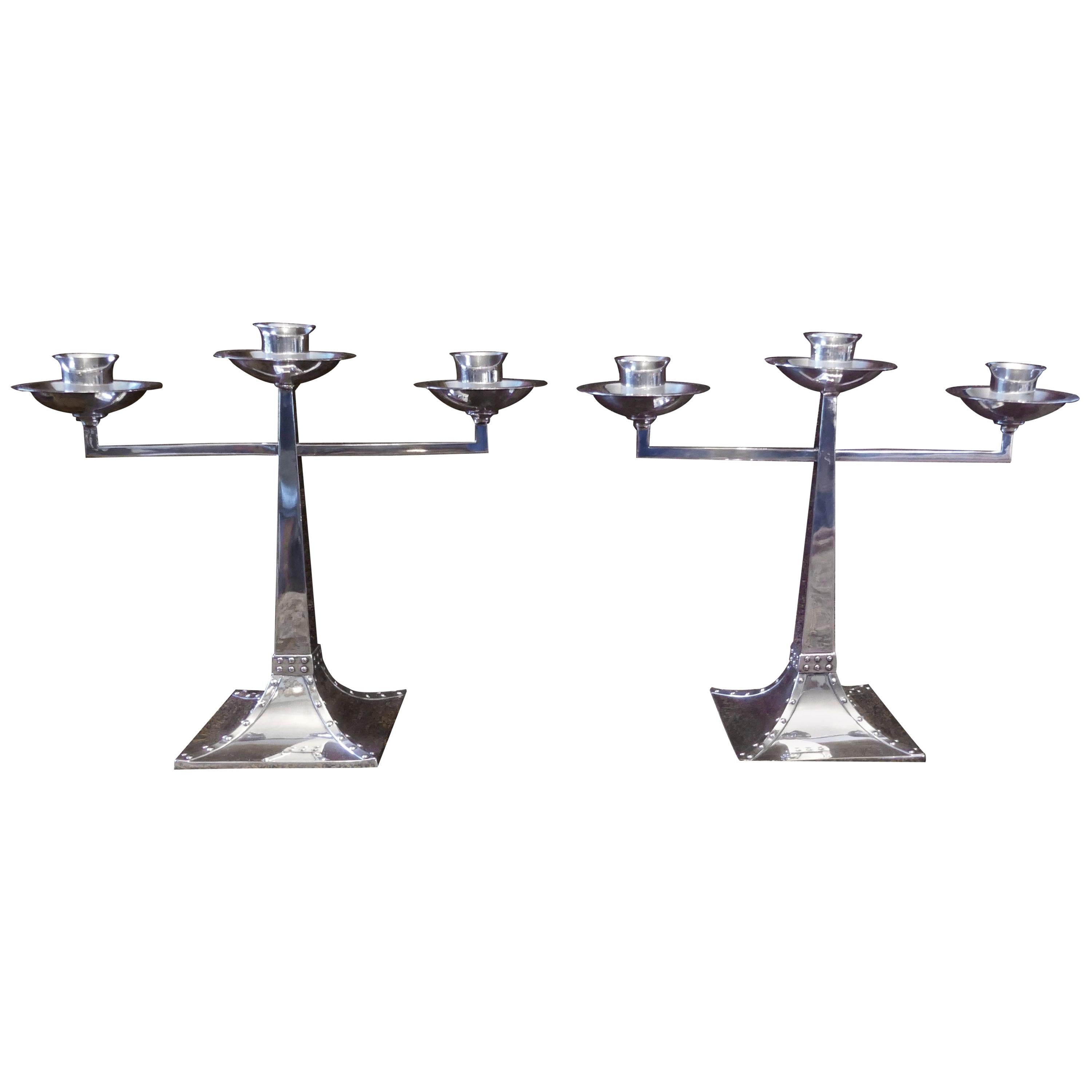 Pair of James Dixon & Sons Three-Branch Silver Arts & Crafts Candelabra For Sale