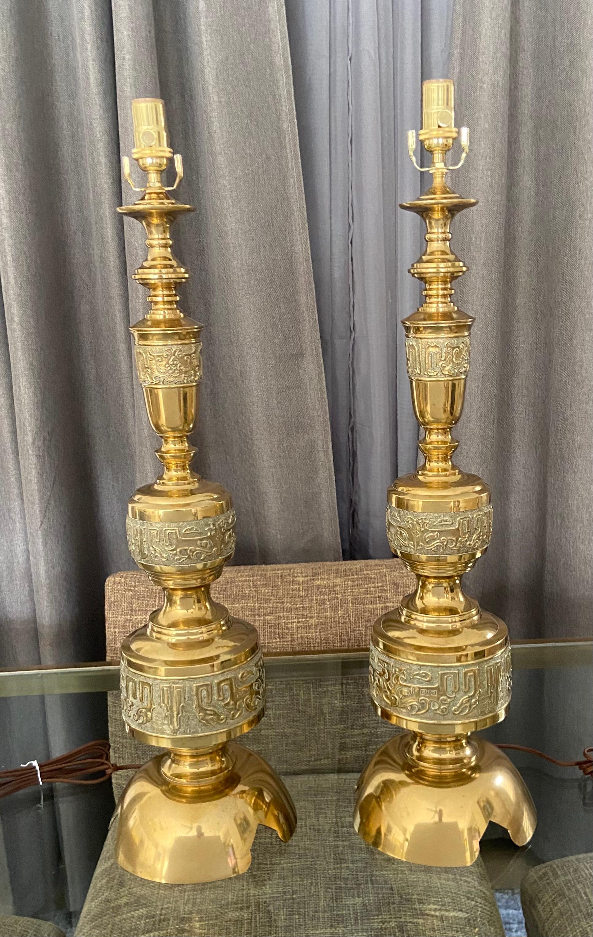 Pair of James Mont Asian Inspired Brass Table Lamps For Sale 8
