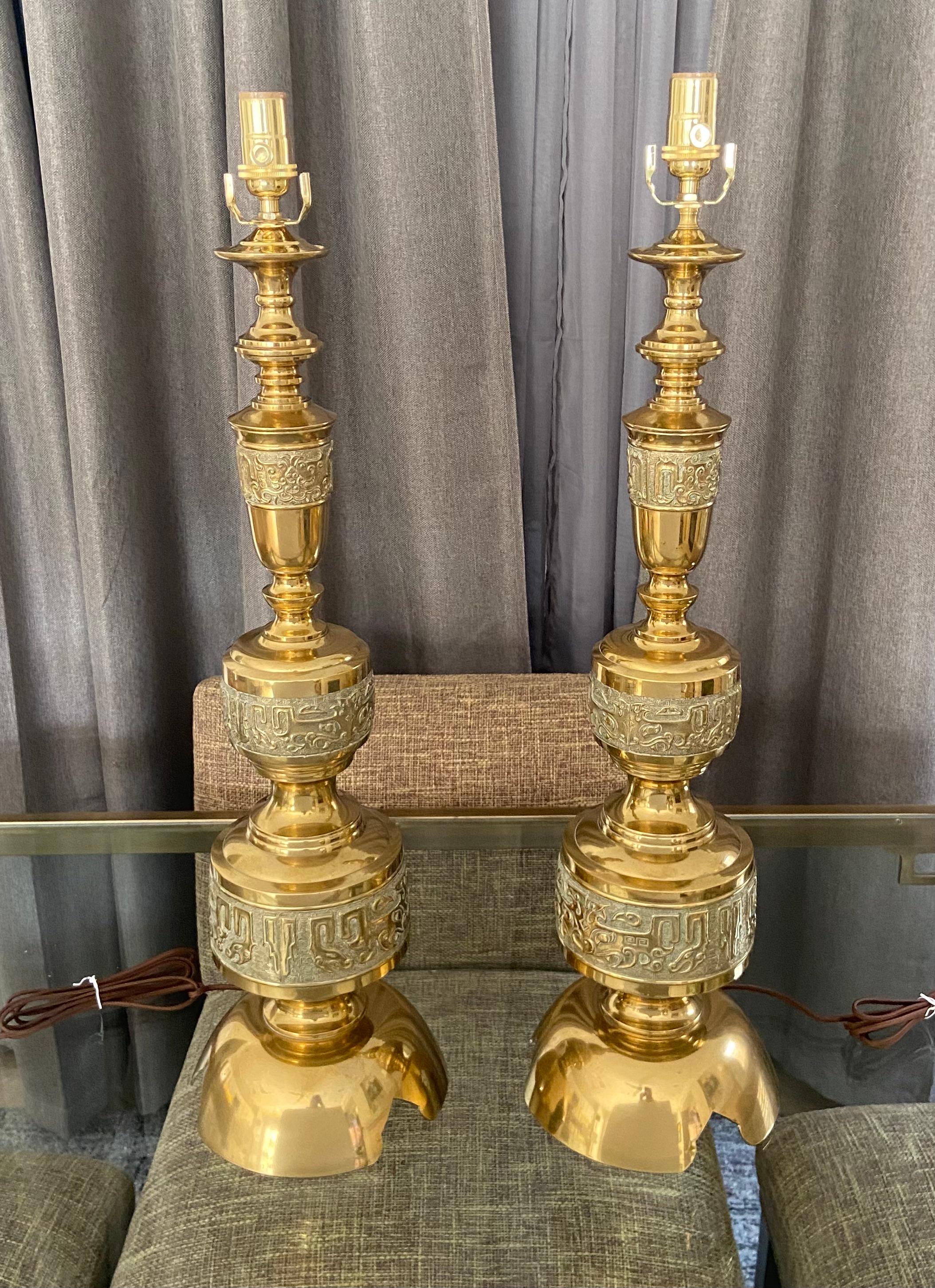 Pair of James Mont Asian Inspired Brass Table Lamps For Sale 9