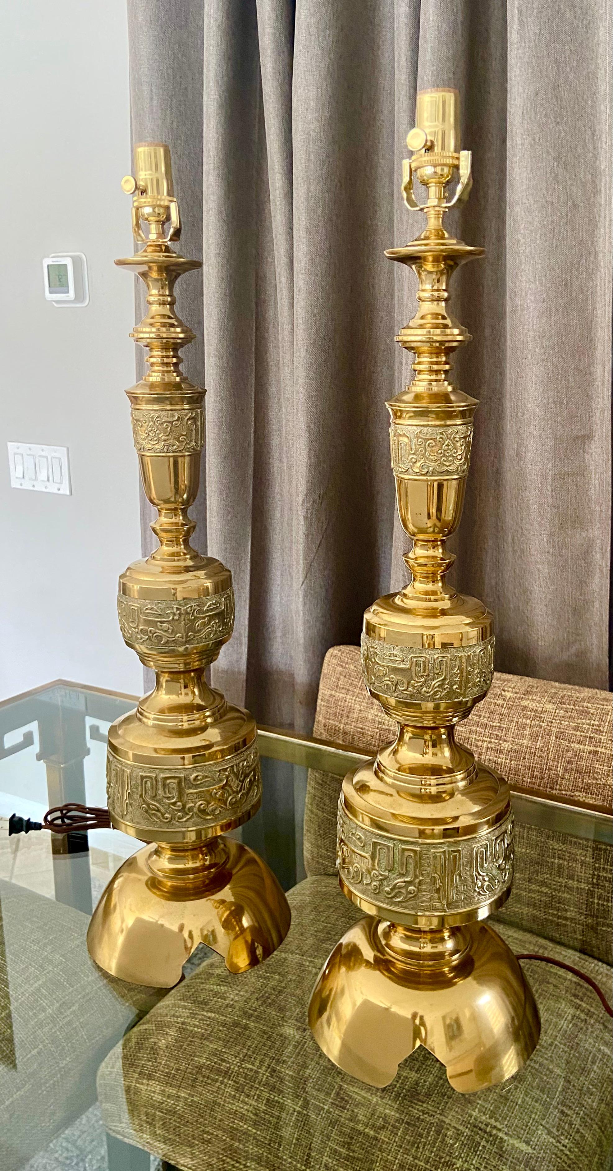 Mid-20th Century Pair of James Mont Asian Inspired Brass Table Lamps For Sale