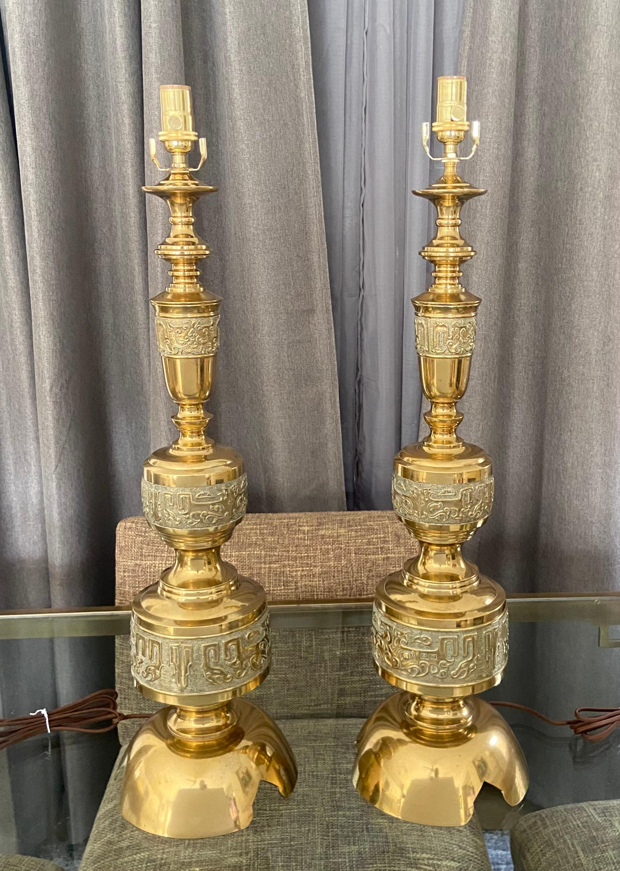 Acrylic Pair of James Mont Asian Inspired Brass Table Lamps For Sale
