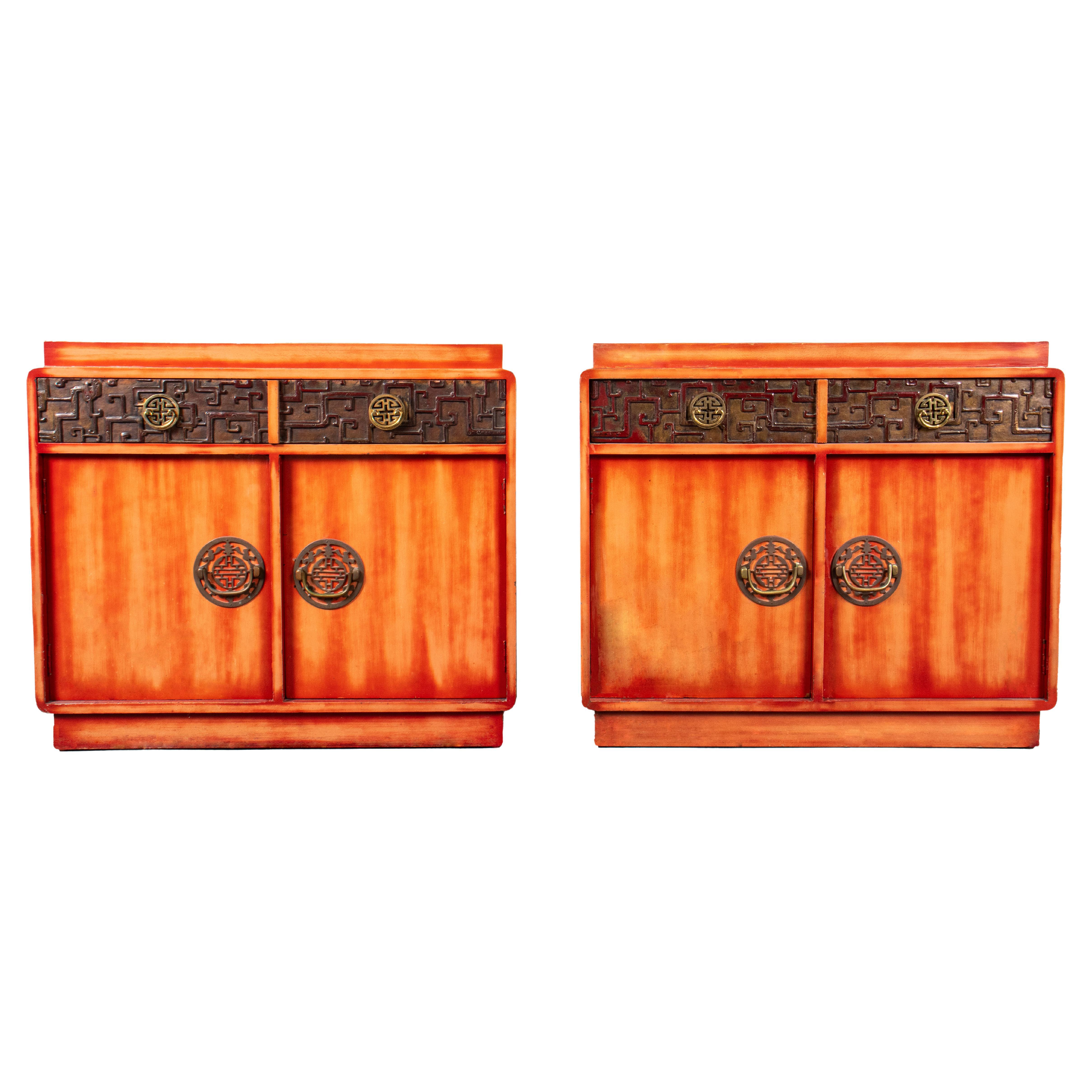 Pair of James Mont Asian Modern Peach Lacquered Dressers