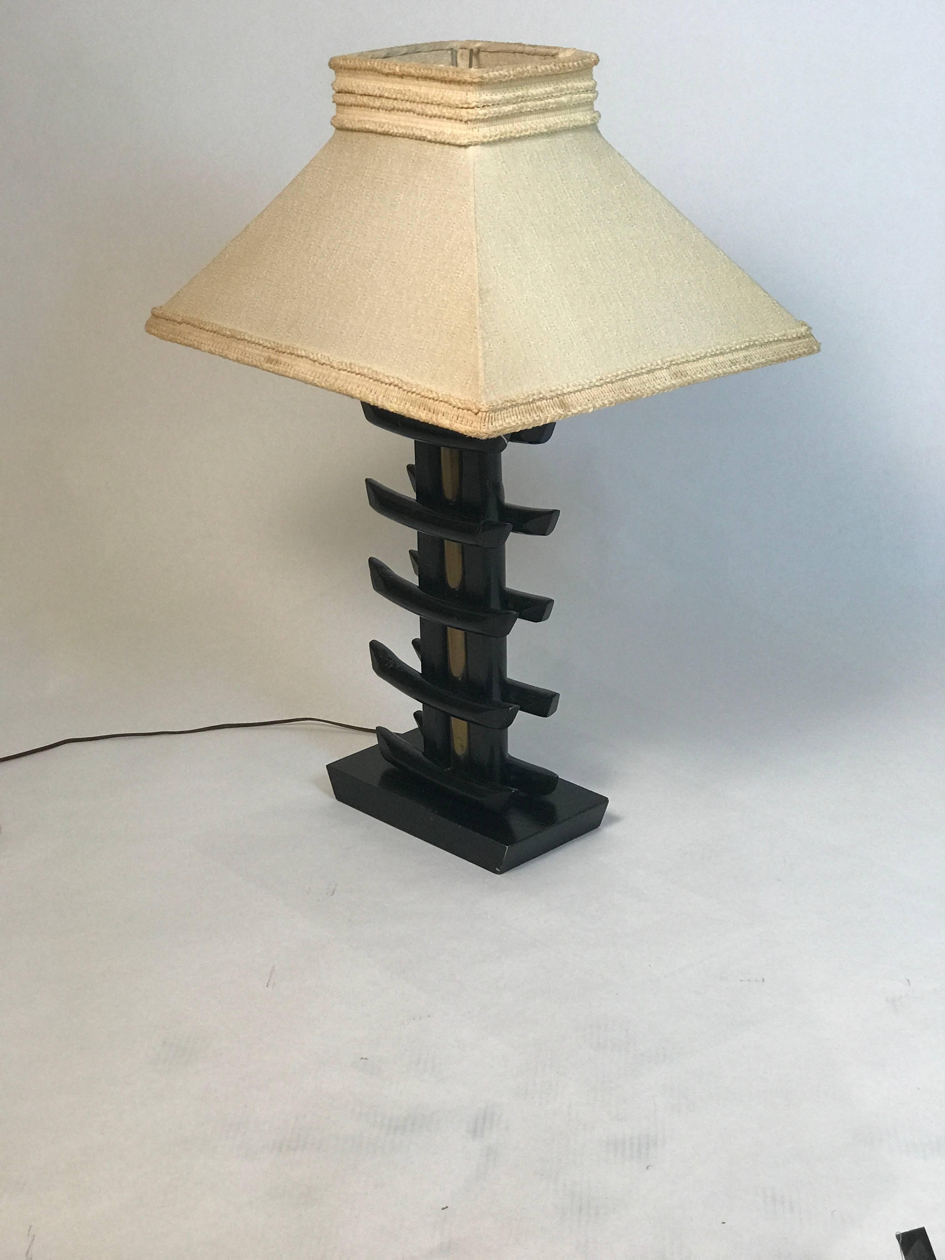 American Pair of James Mont Attribute Asiatic Ebonized Bamboo & Brass Lamps Early Shades