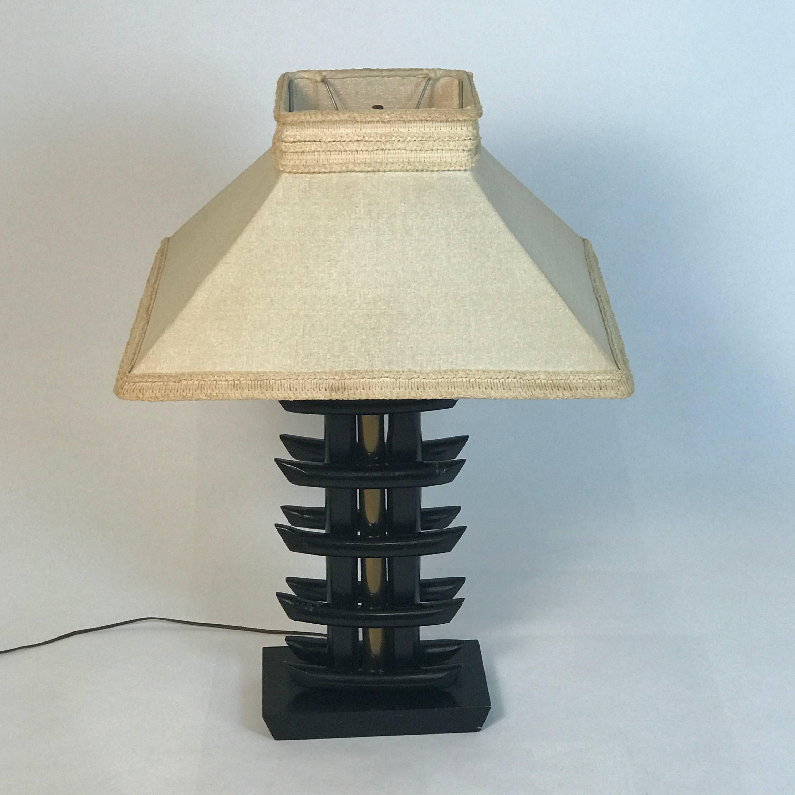 Mid-20th Century Pair of James Mont Attribute Asiatic Ebonized Bamboo & Brass Lamps Early Shades