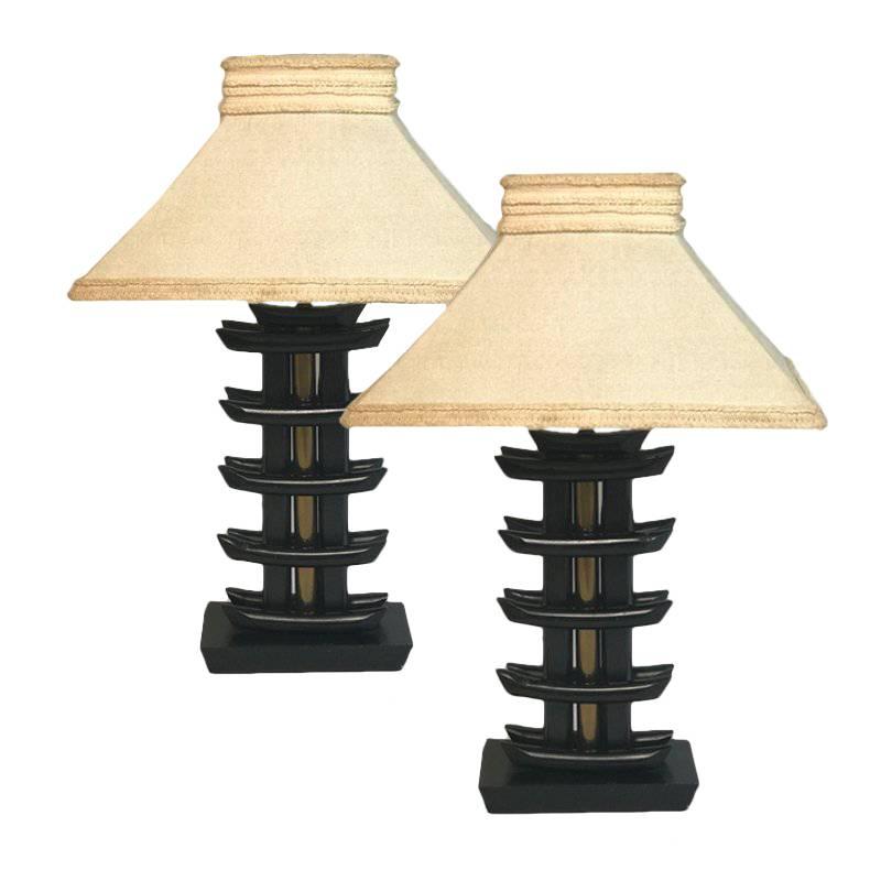 Pair of James Mont Attribute Asiatic Ebonized Bamboo & Brass Lamps Early Shades