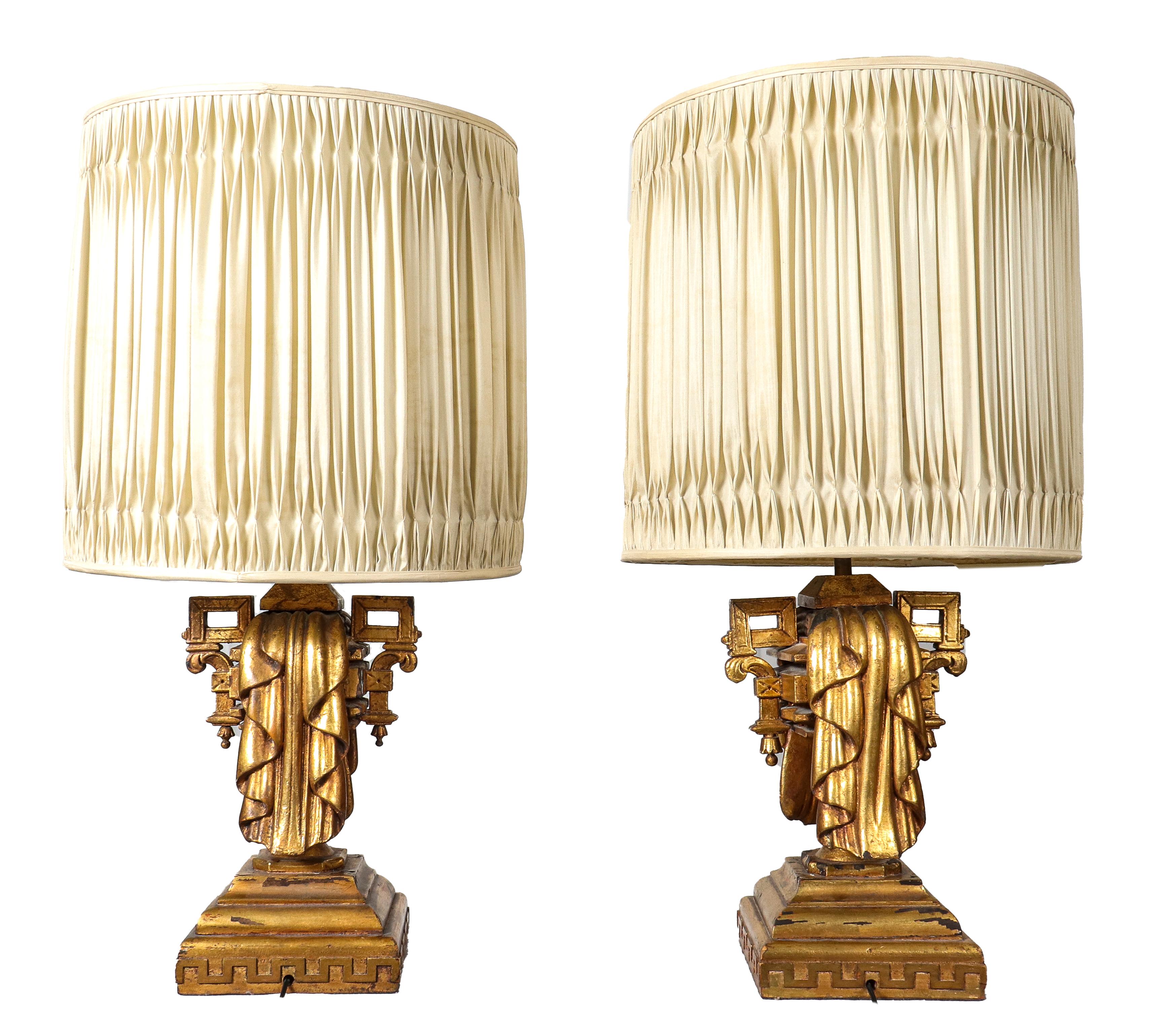 Mid-Century Modern Pair of James Mont Carved Giltwood Table Lamps