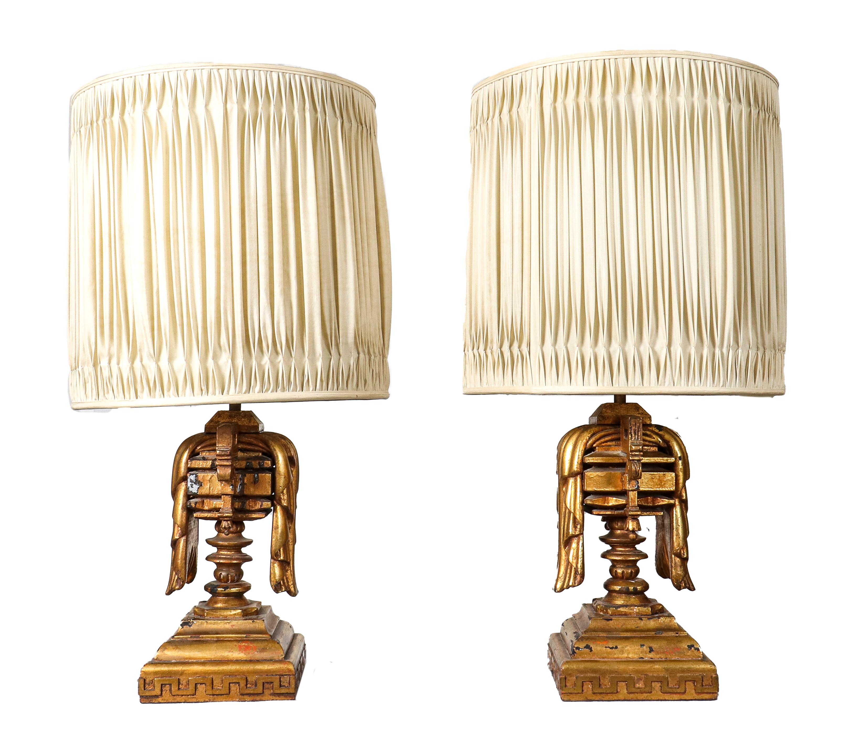 Pair of James Mont Carved Giltwood Table Lamps In Good Condition In New York, NY