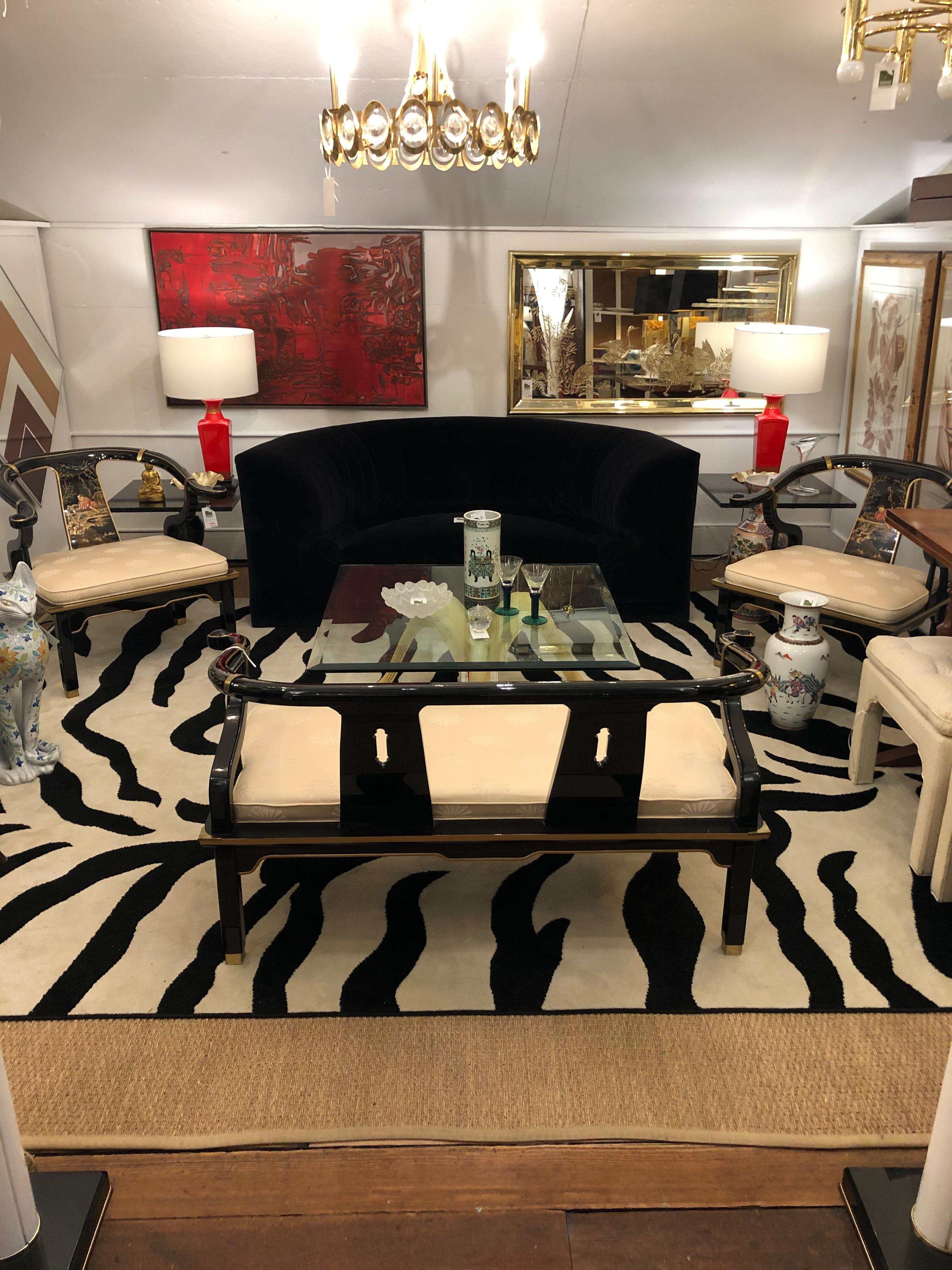 Pair of Chinoiserie Black Lacquer Armchairs in the Manner of James Mont 7
