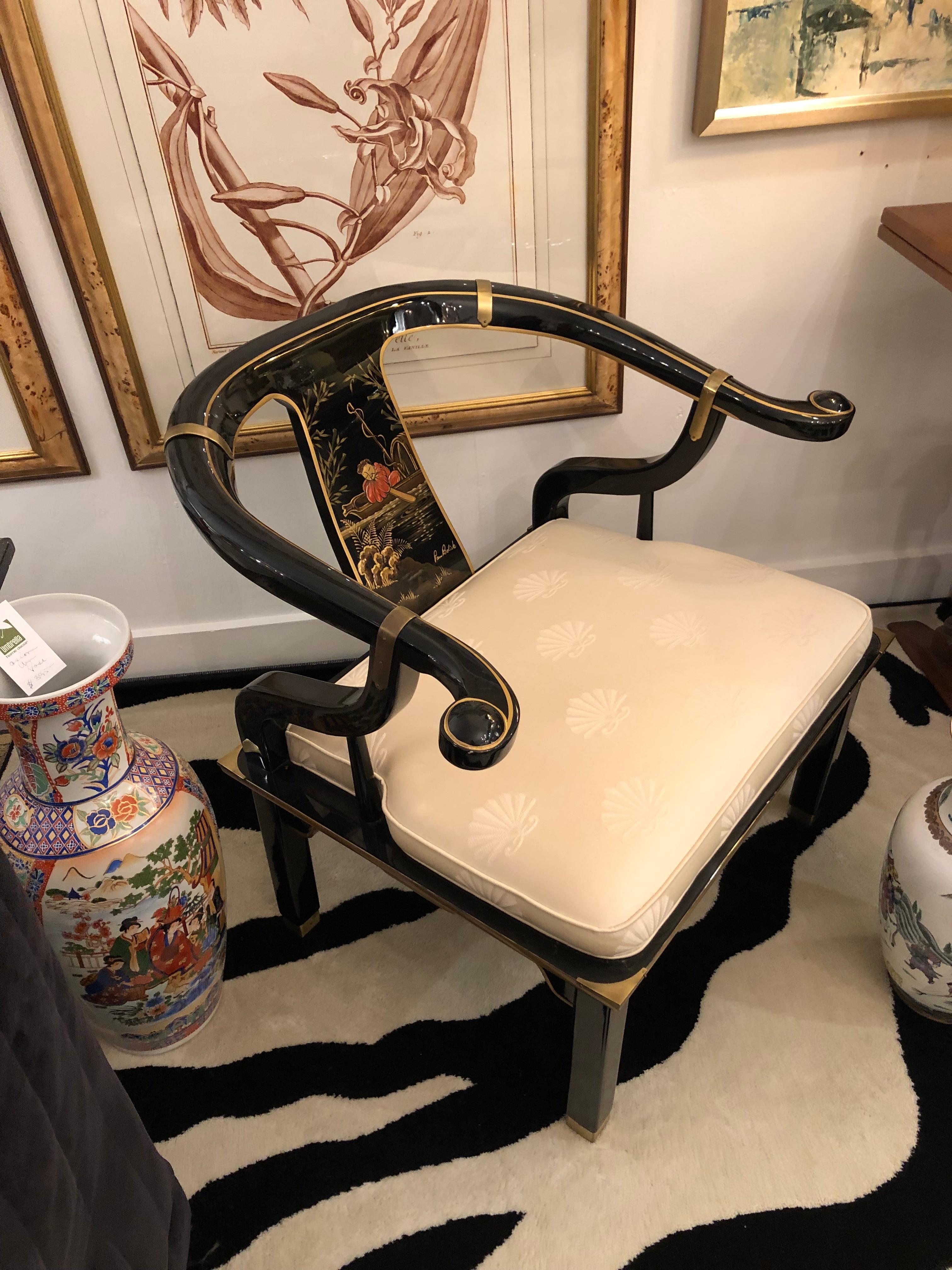 Pair of Chinoiserie Black Lacquer Armchairs in the Manner of James Mont For Sale 2