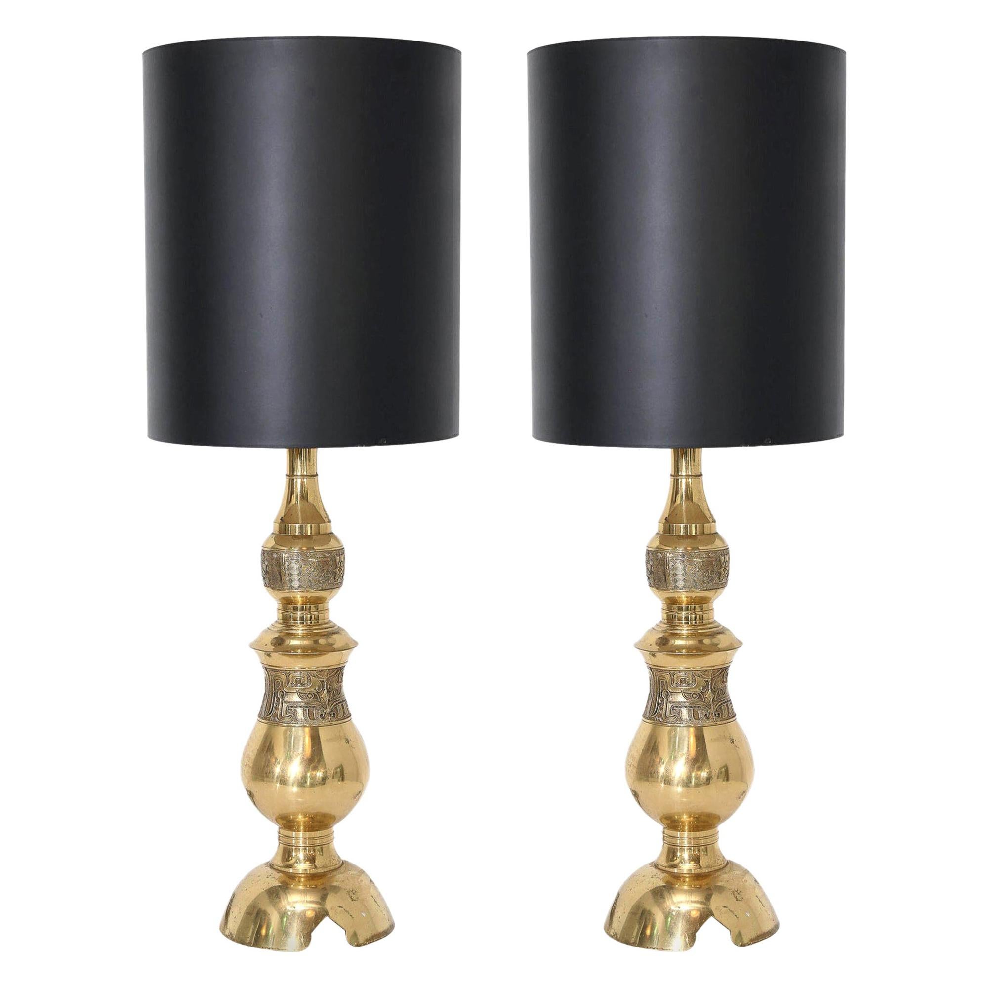 Pair of James Mont Chinoiserie Style Engraved Brass Tall Table Lamps For Sale