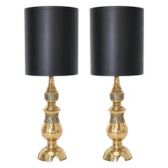 Vintage Pair of James Mont Chinoiserie Style Engraved Brass Tall Table Lamps