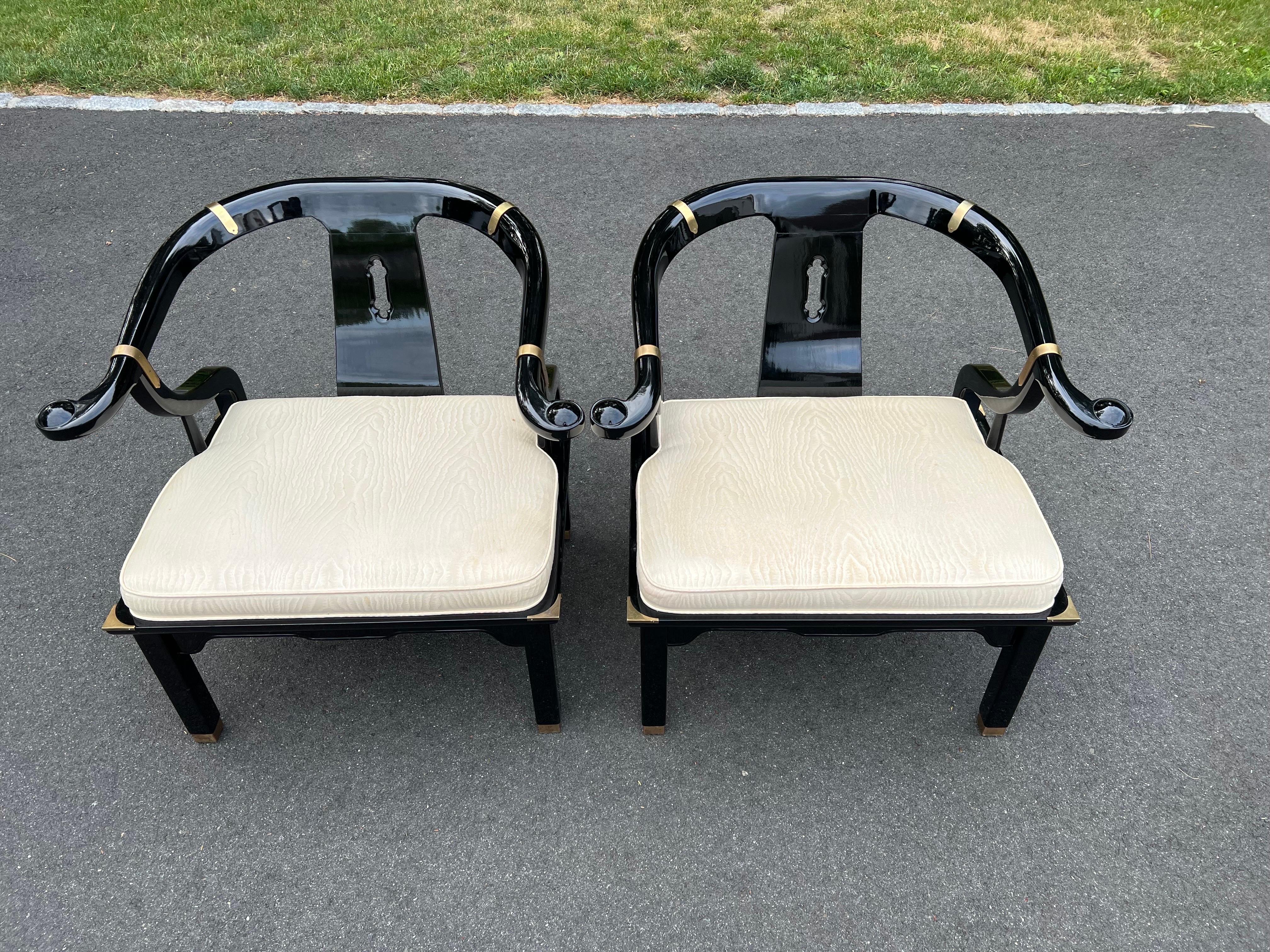 Hollywood Regency Pair of James Mont for Century Lacquered Horseshoe  Chairs