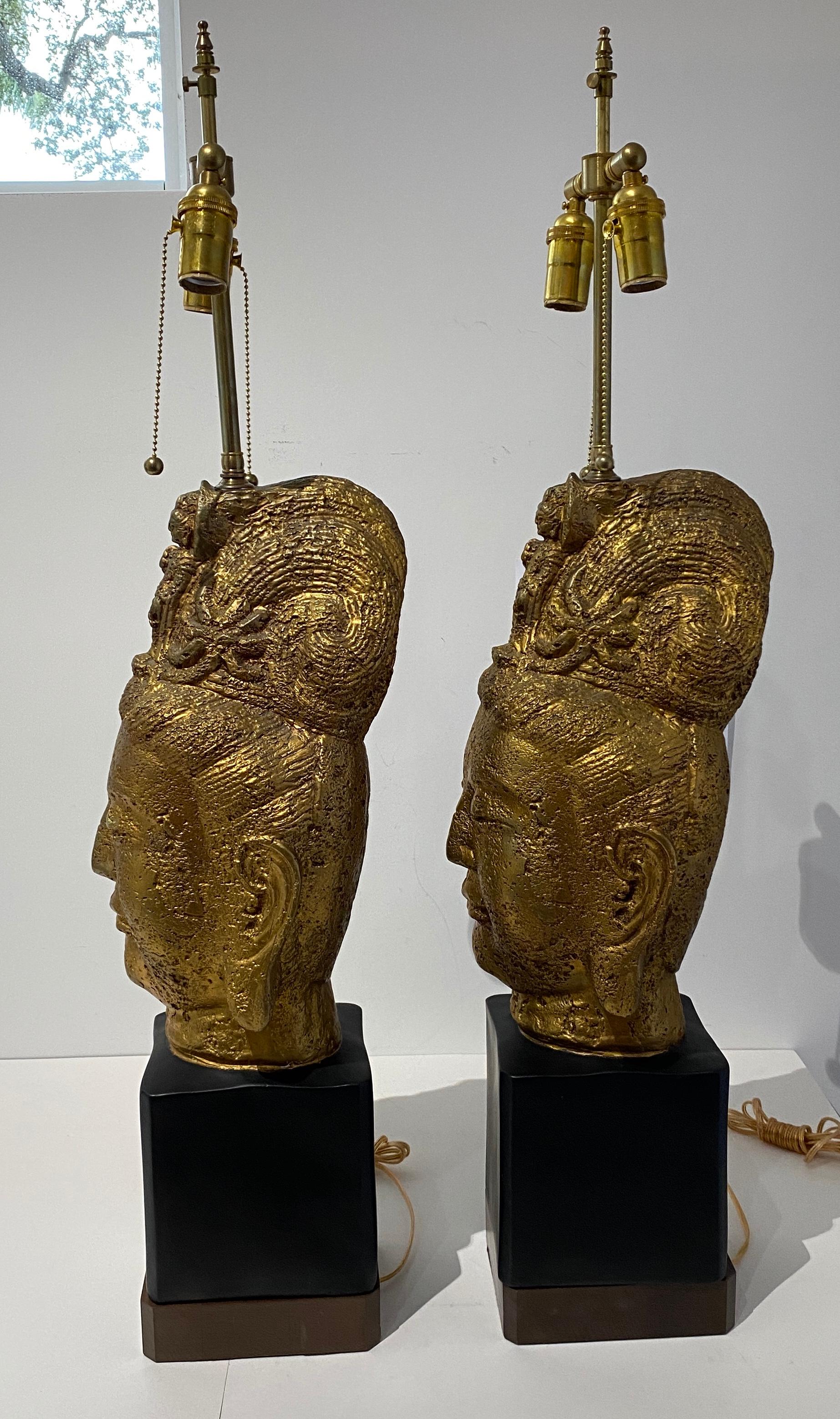 Mid-Century Modern Pair of James Mont Gold Buddha Lamps for Stiffel Lighting For Sale