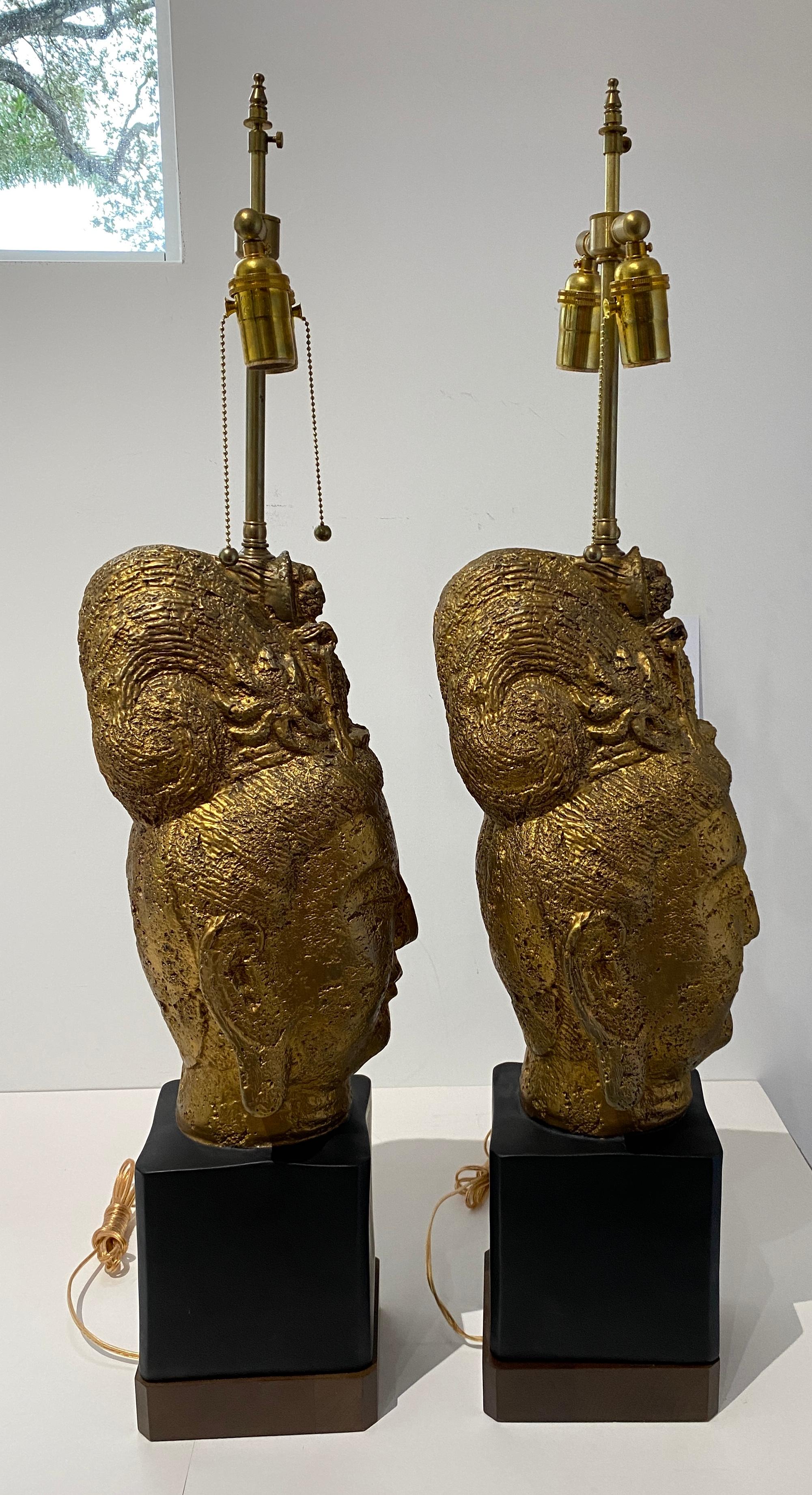 Patinated Pair of James Mont Gold Buddha Lamps for Stiffel Lighting For Sale