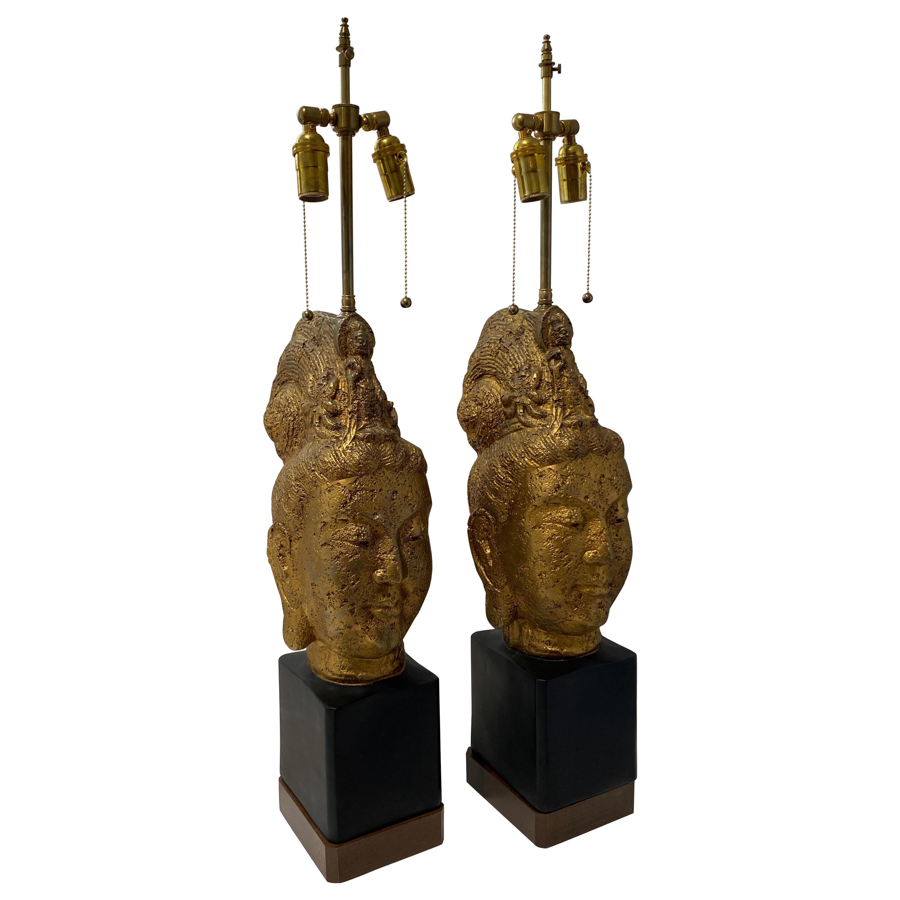 Pair of James Mont Gold Buddha Lamps for Stiffel Lighting For Sale