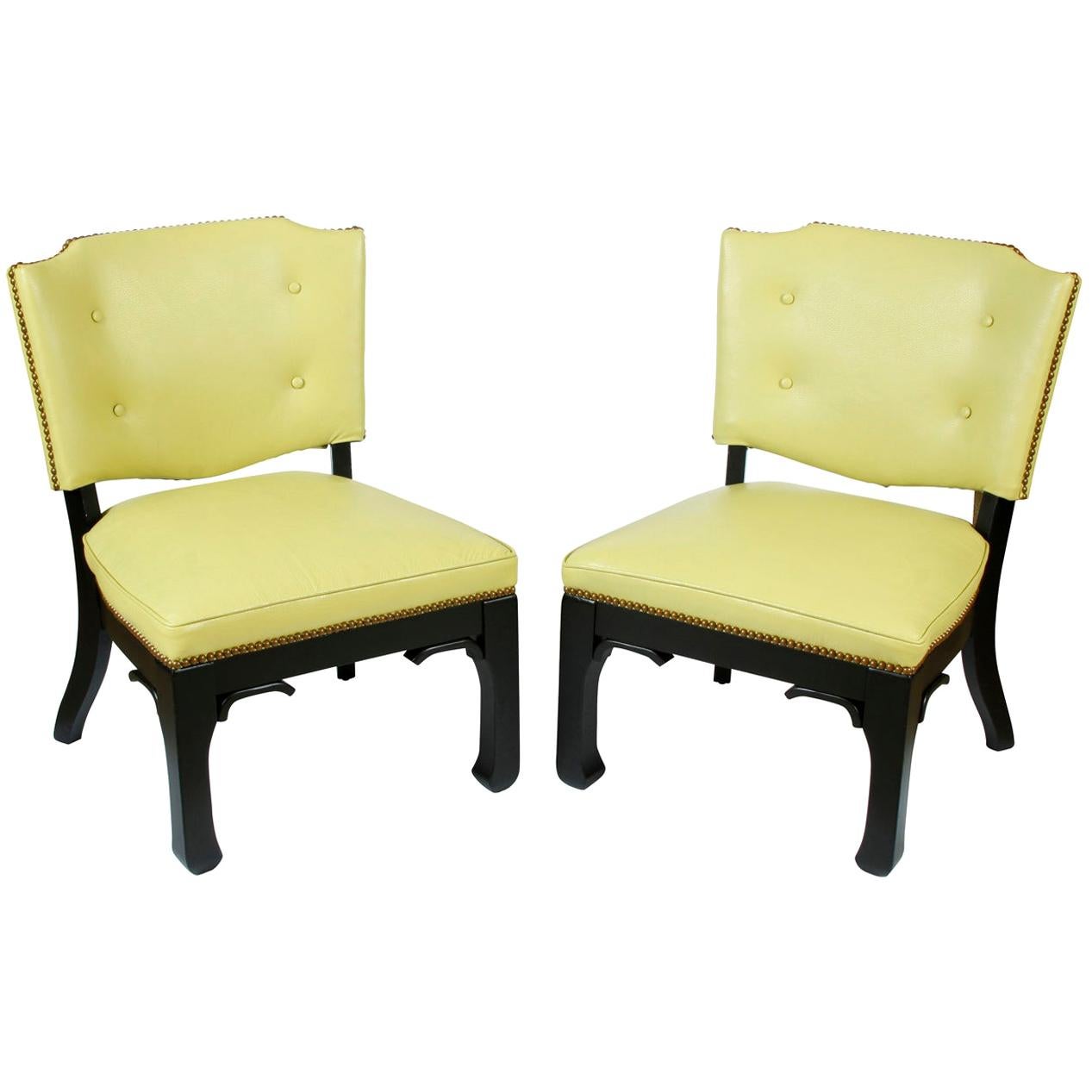 Pair of James Mont Green Leather Chairs