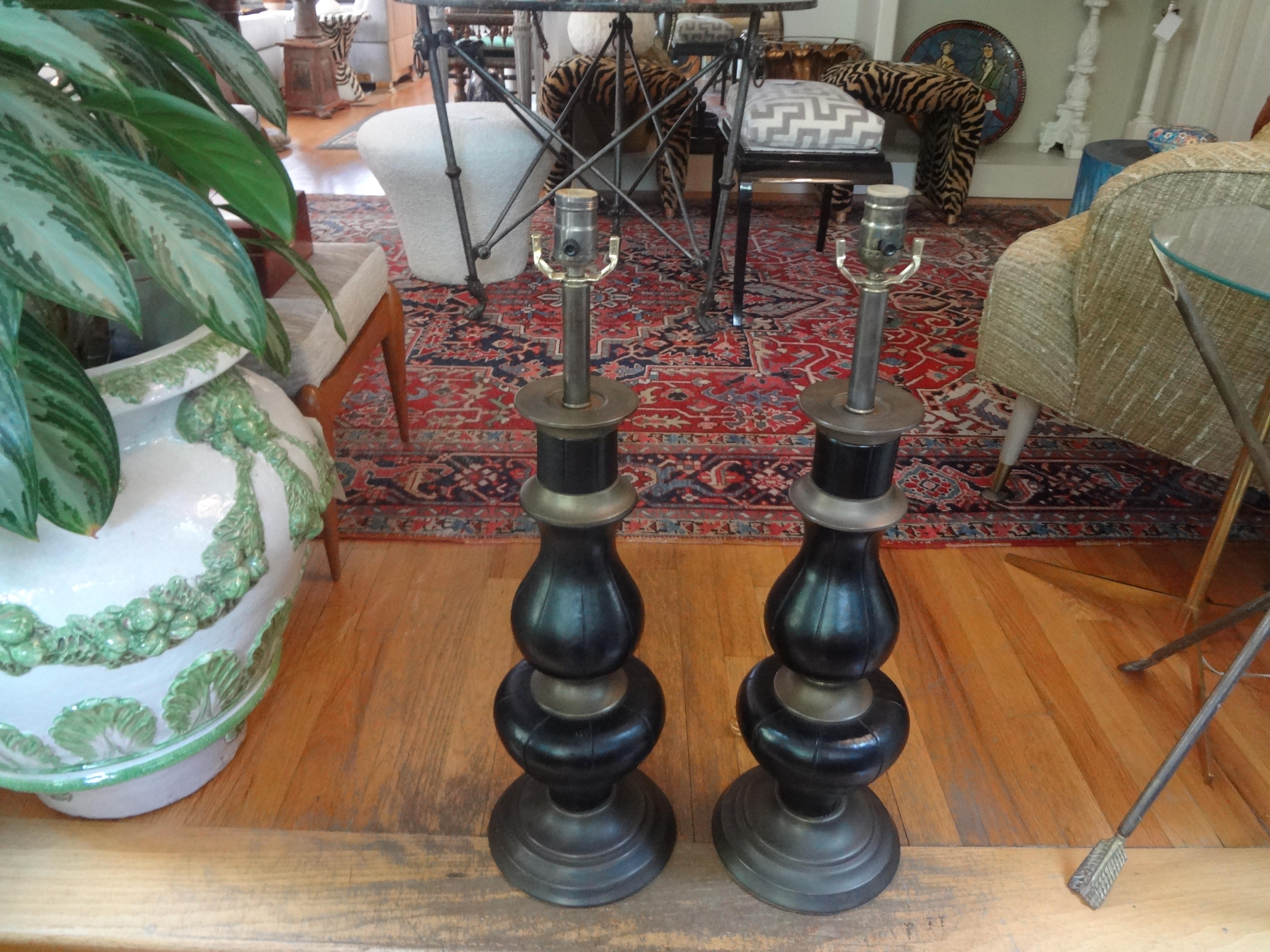 Pair of James Mont Inspired Brass and Leather Lamps For Sale 4