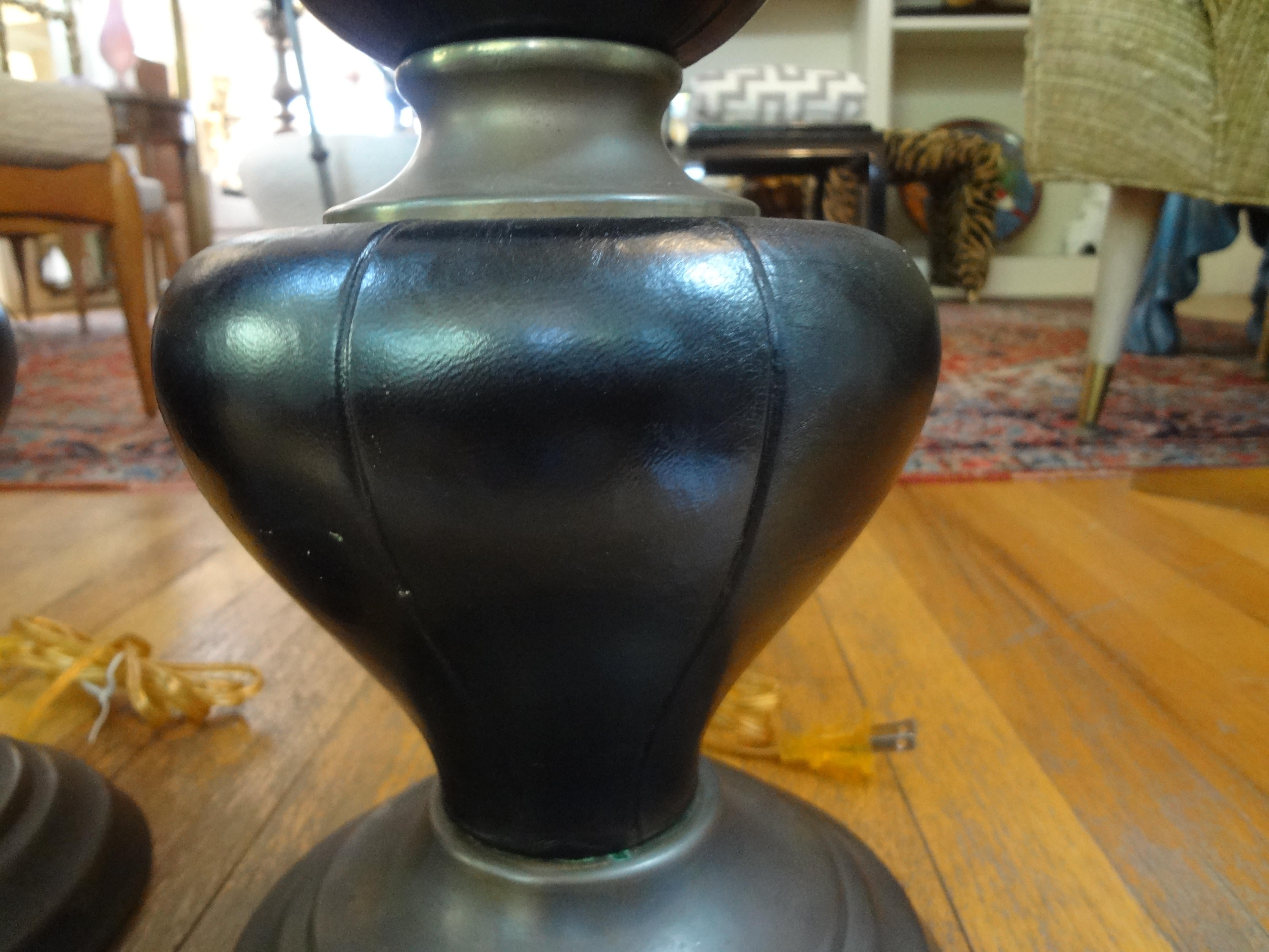 European Pair of James Mont Inspired Brass and Leather Lamps For Sale