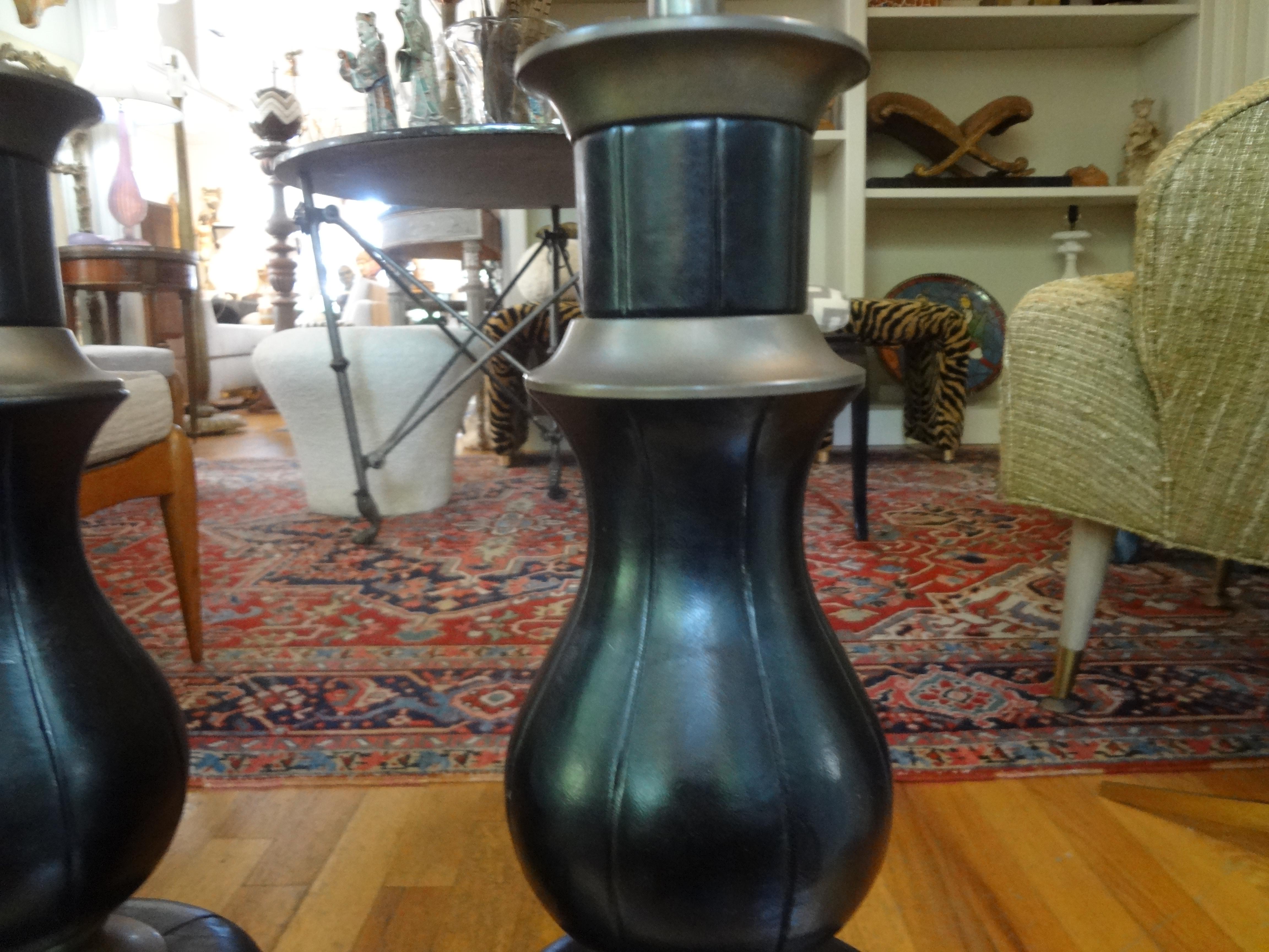 Pair of James Mont Inspired Brass and Leather Lamps In Good Condition For Sale In Houston, TX
