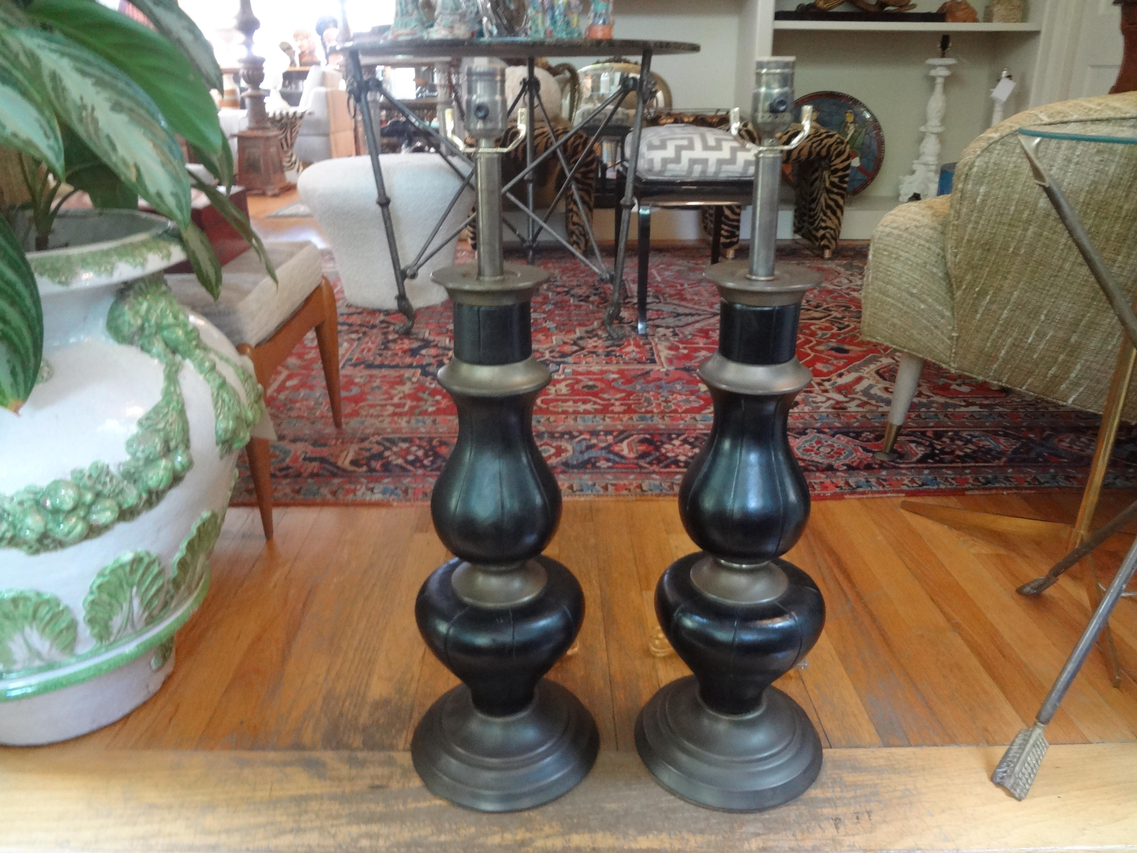 Pair of James Mont Inspired Brass and Leather Lamps For Sale 1