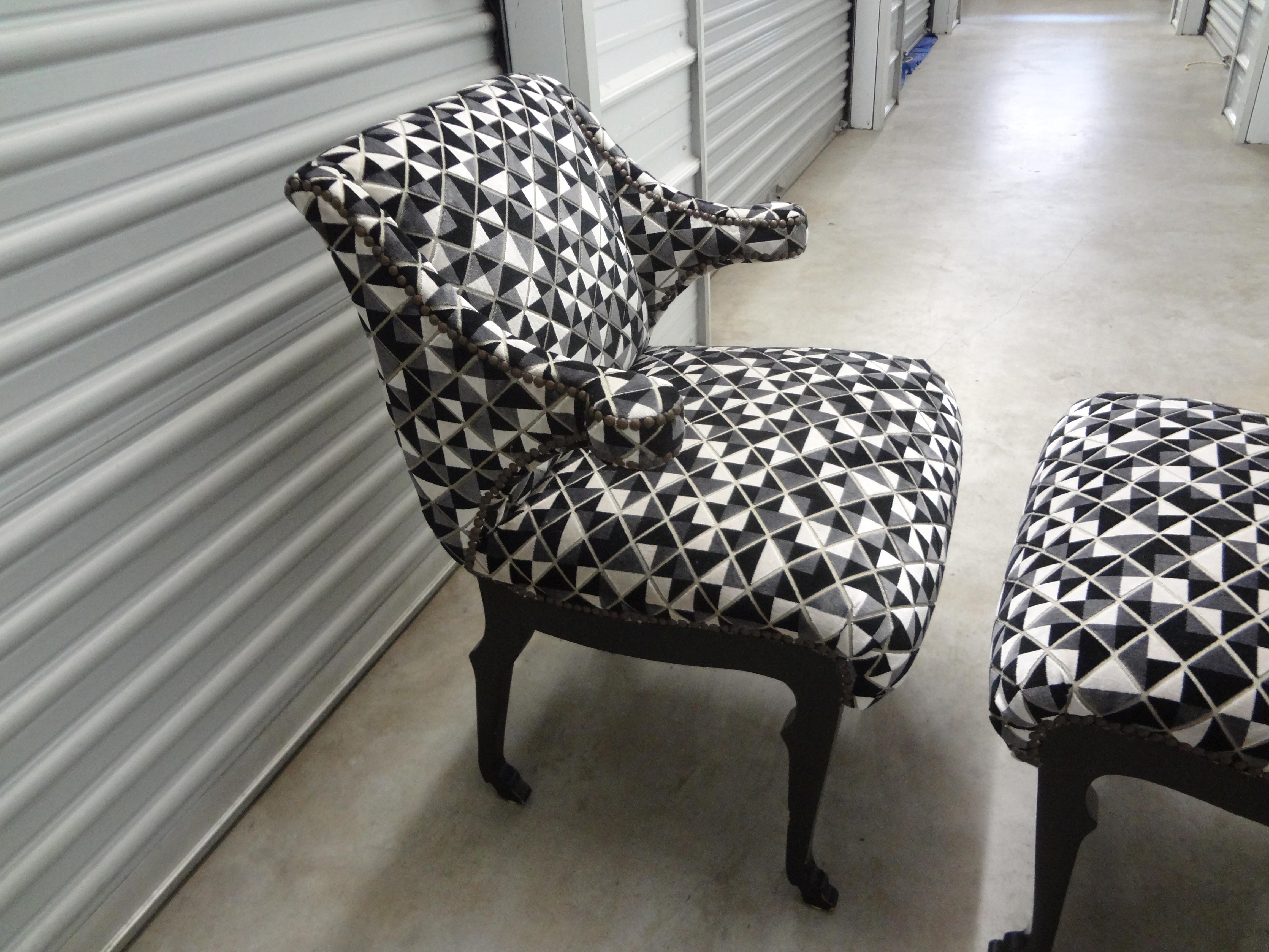 Pair of Grosfeld House Etruscan Style Ebonized Lounge Chairs with Hoof Feet For Sale 2