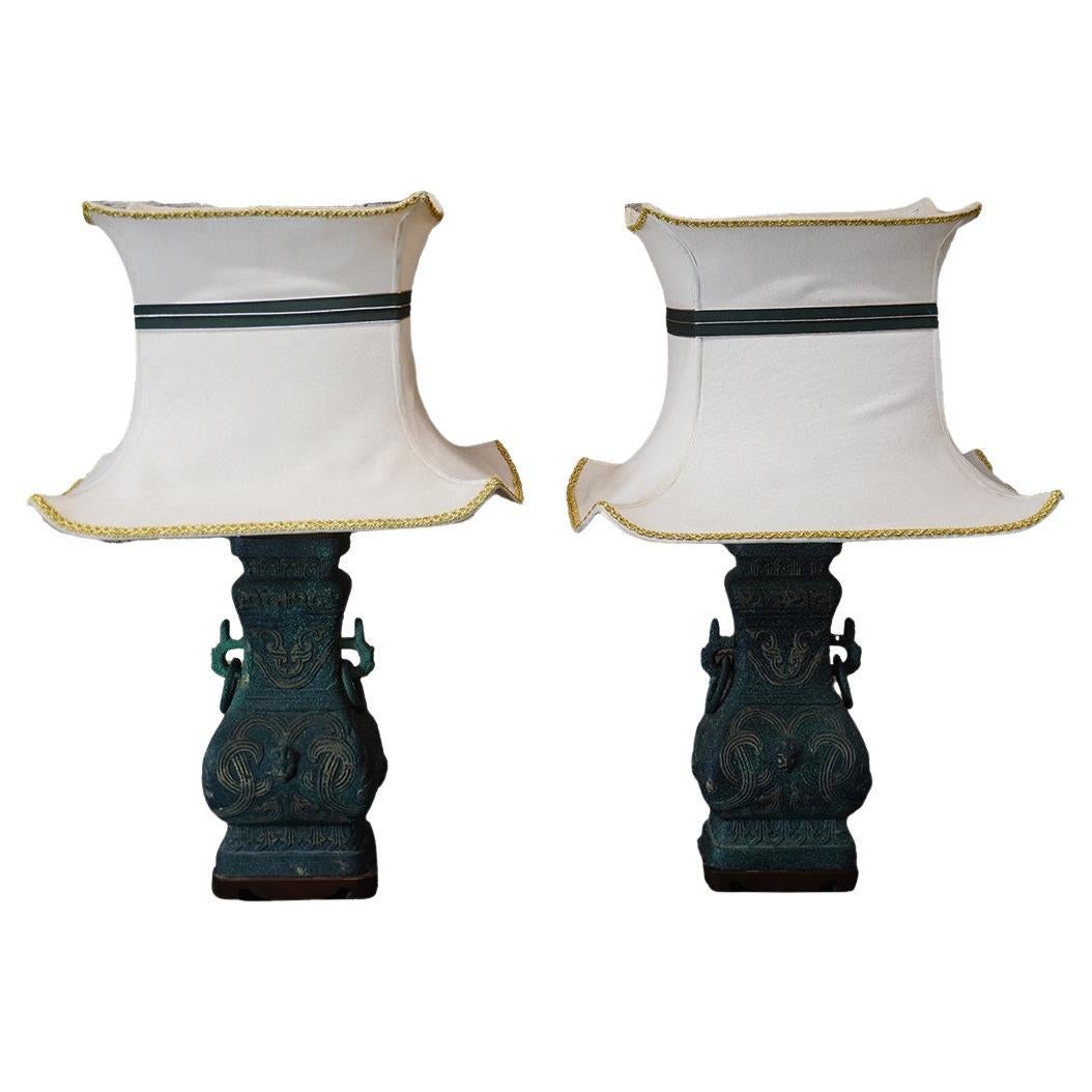 Pair of James Mont Style Archaic Patinated Bronze Table Lamps