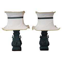 Pair of James Mont Style Archaic Patinated Bronze Table Lamps