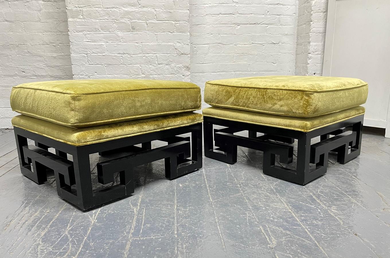 Pair of James Mont style Asian inspired benches with black lacquered bases. Has the original fabric.