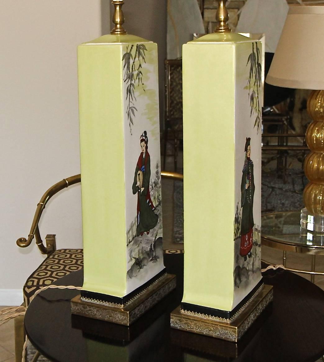 Pair of James Mont Style Asian Inspired Painted Ceramic Lamps 11