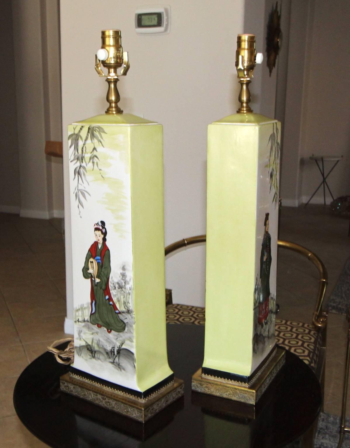 Pair of James Mont Style Asian Inspired Painted Ceramic Lamps 13