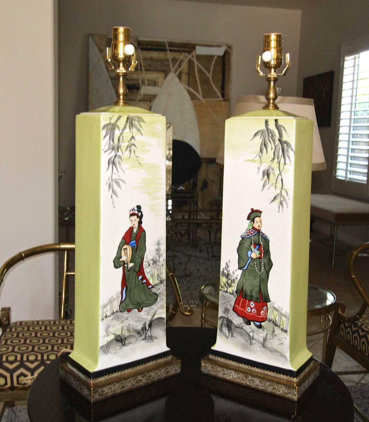 Pair of James Mont Style Asian Inspired Painted Ceramic Lamps 14