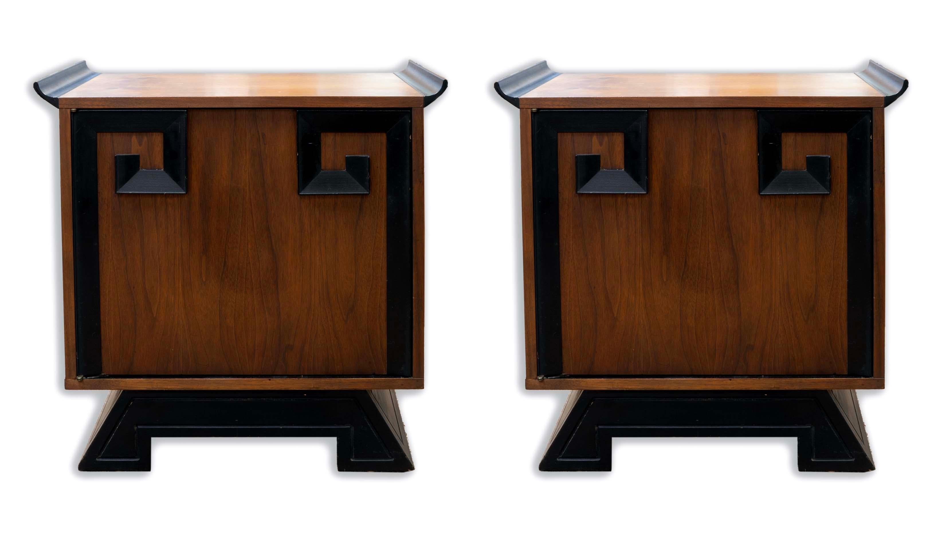 Stunning Pair of James Mont Style Asian Walnut Nightstands Mid Century Modern. These captivating nightstands showcase the elegance of mid-century design with an Asian flair, featuring rich walnut wood accented by striking black details. Perfect for