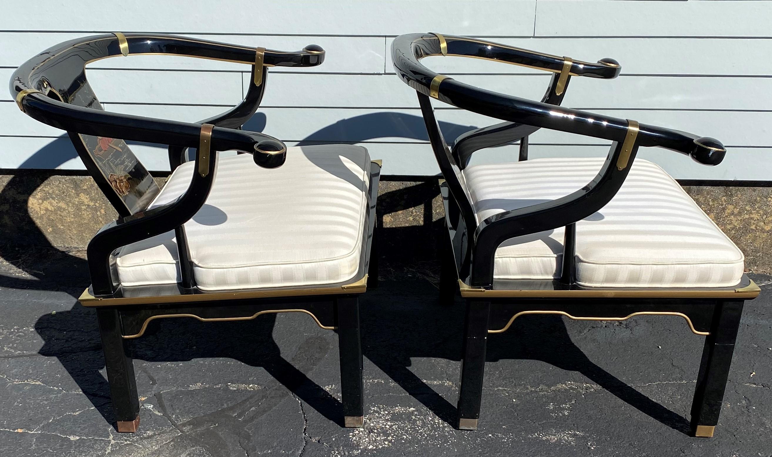 Chinoiserie Pair of James Mont Style Black Lacquer Horseshoe Chairs by Century Furniture