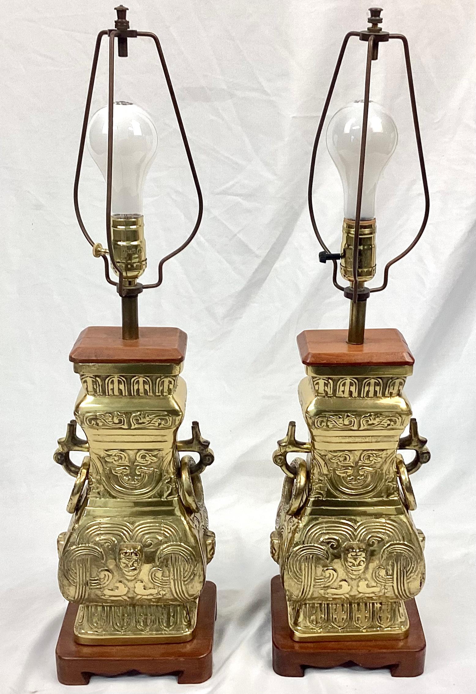 Pair of James Mont Style Brass Chinoiserie Lamps In Good Condition In Bradenton, FL