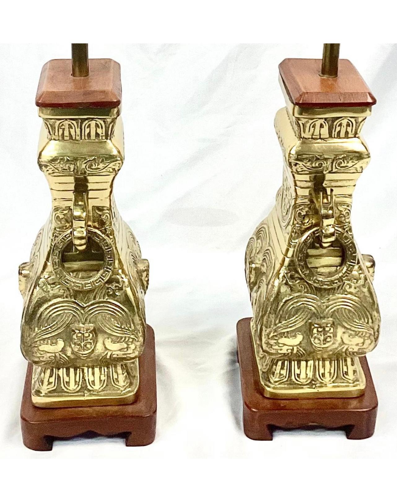 Chinese Pair of James Mont Style Brass Chinoiserie Lamps For Sale