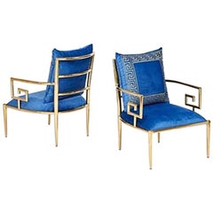 Pair of James Mont Style Brass Modern Design Greek Key Armchairs