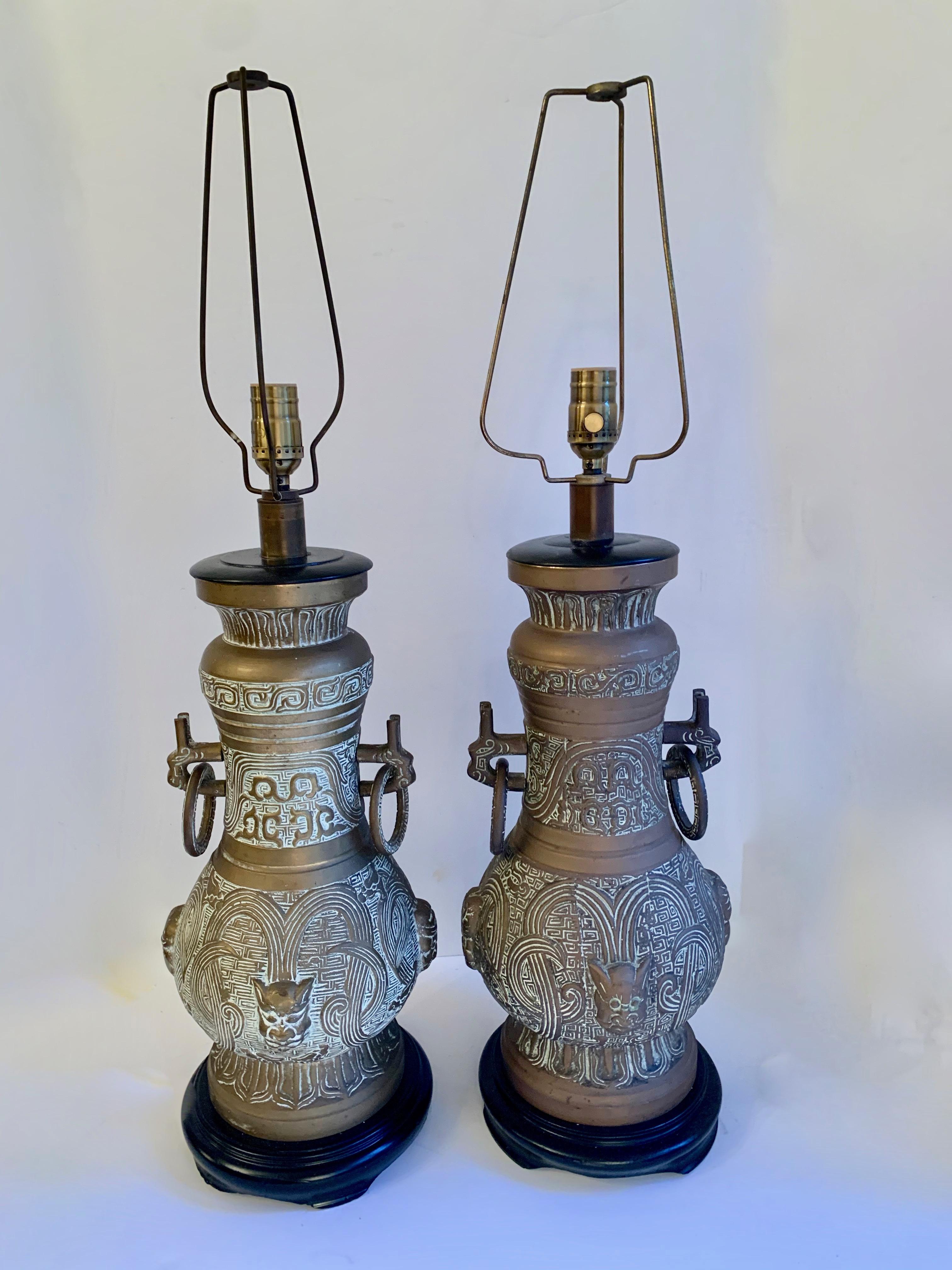 20th Century Pair of James Mont Style Bronze Urn Lamps For Sale