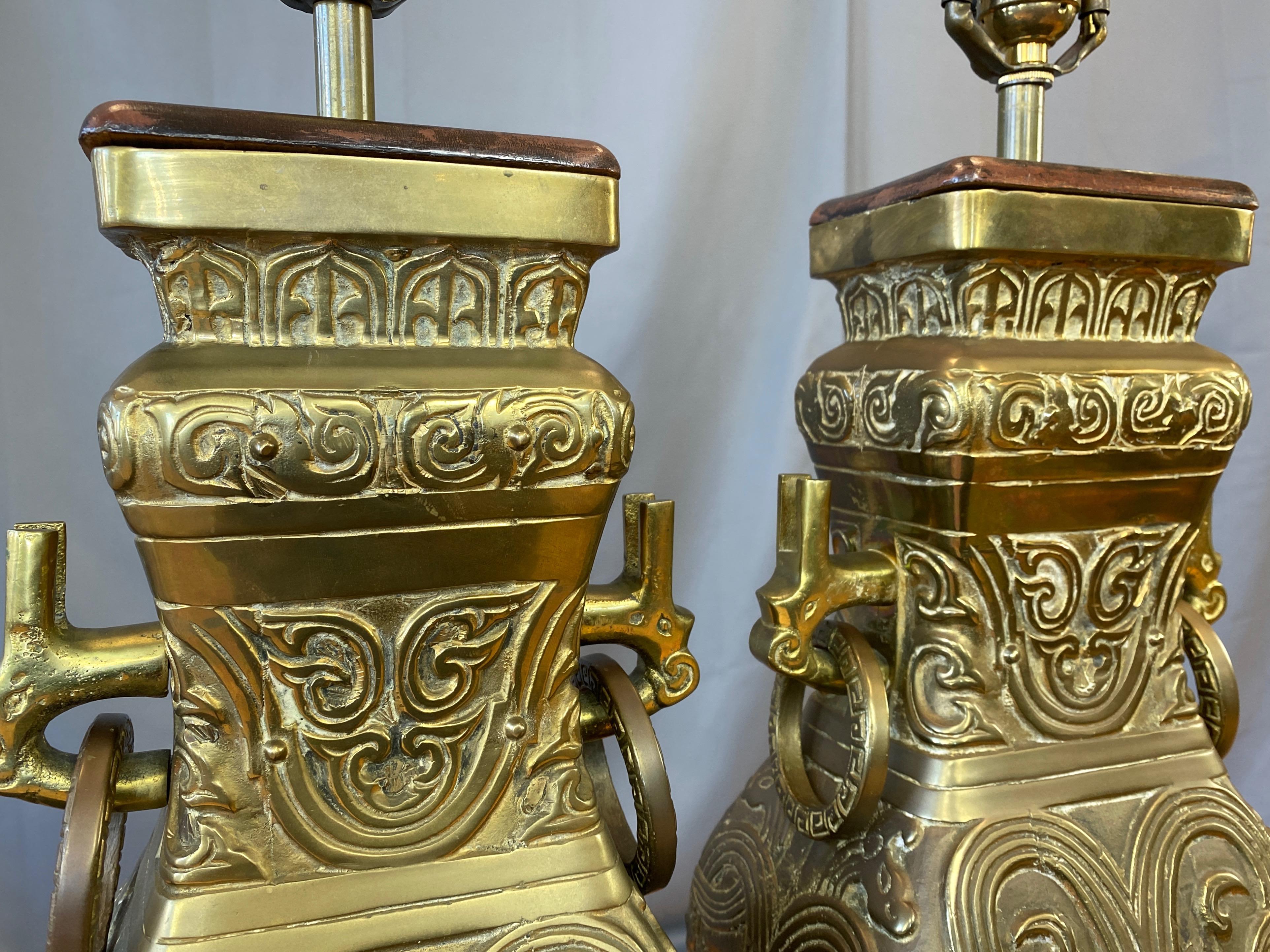 Pair of James Mont-Style Chinese Archaistic Brass Table Lamps, 1950s 3