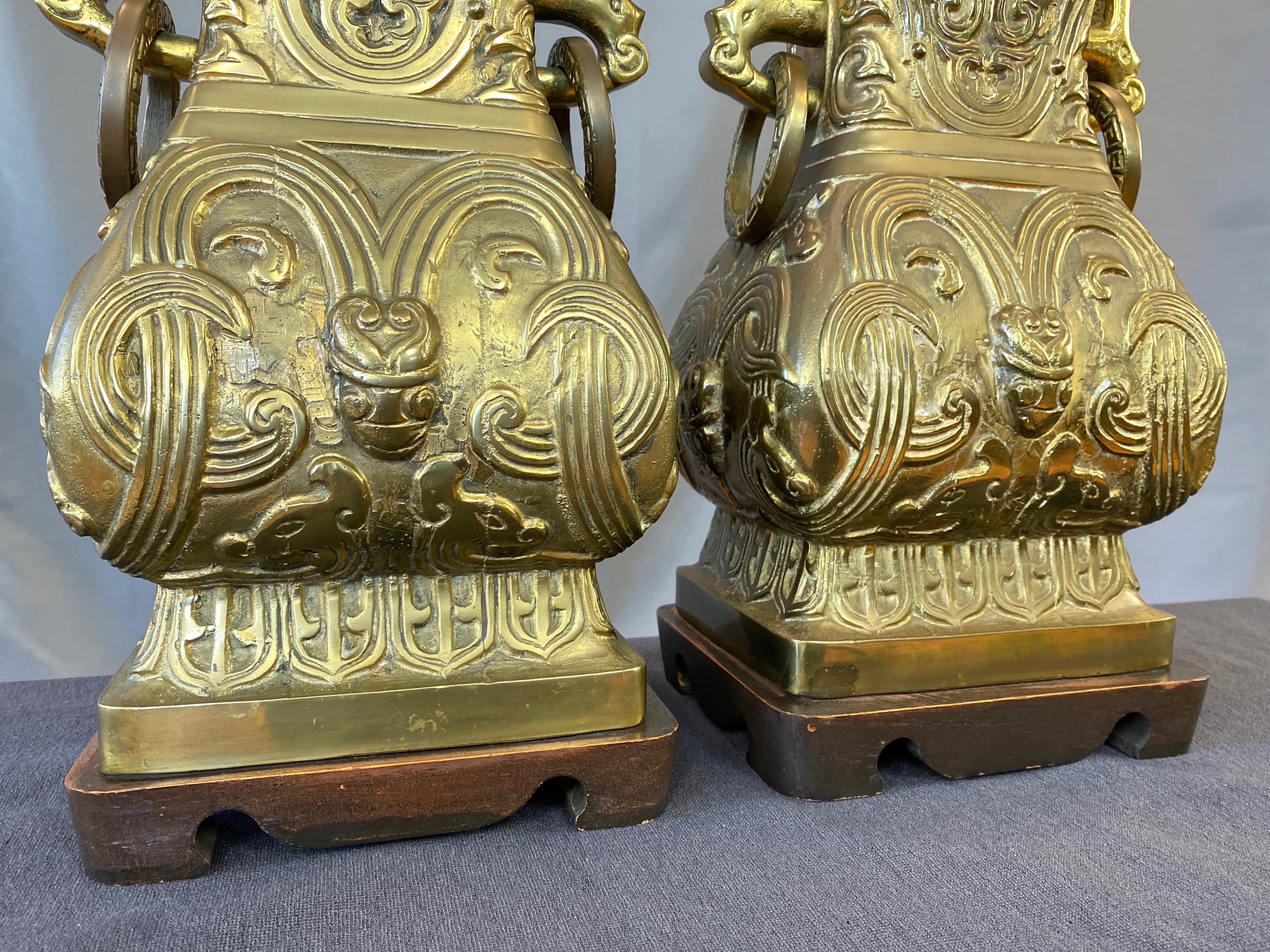 Pair of James Mont-Style Chinese Archaistic Brass Table Lamps, 1950s 4