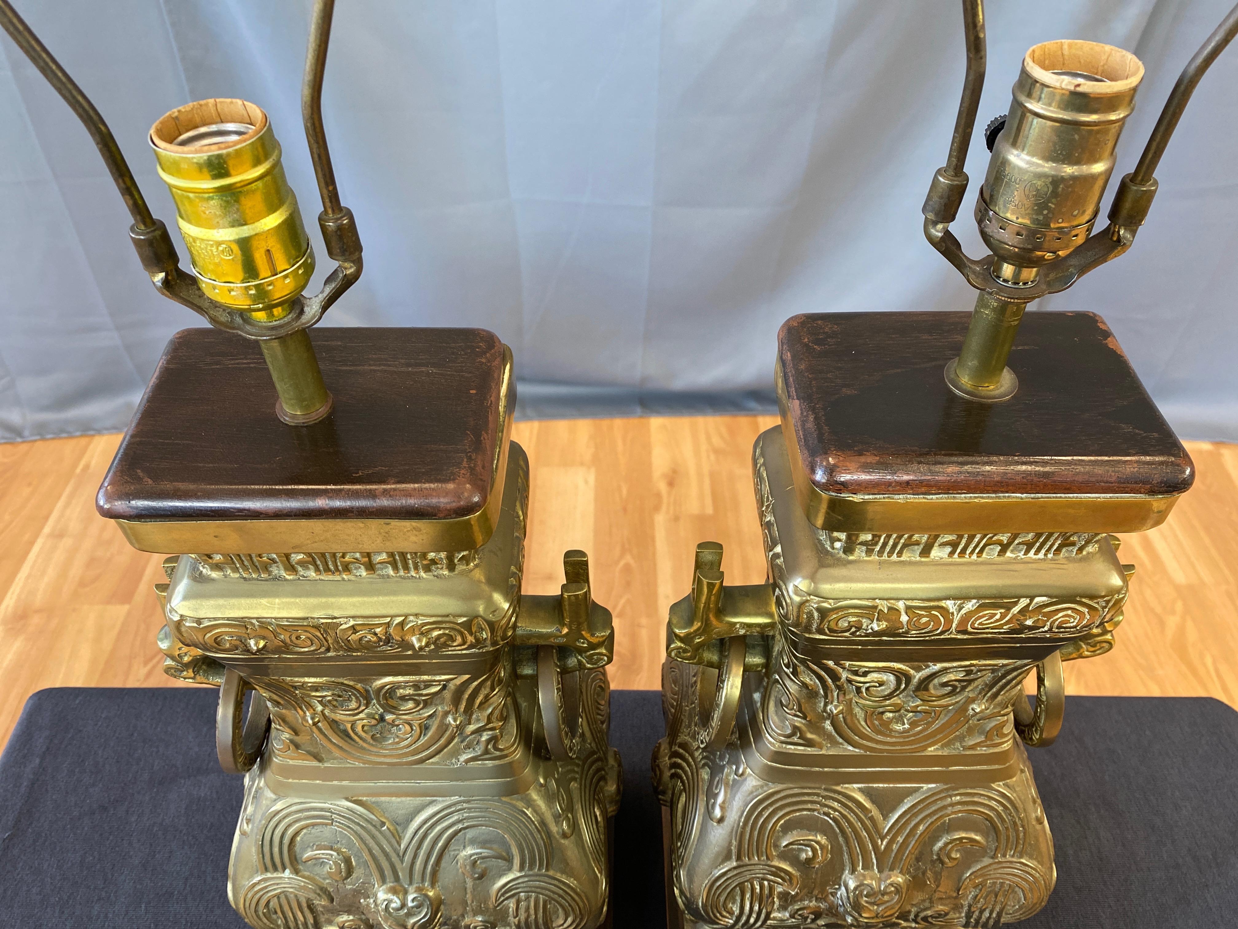 Pair of James Mont-Style Chinese Archaistic Brass Table Lamps, 1950s 8