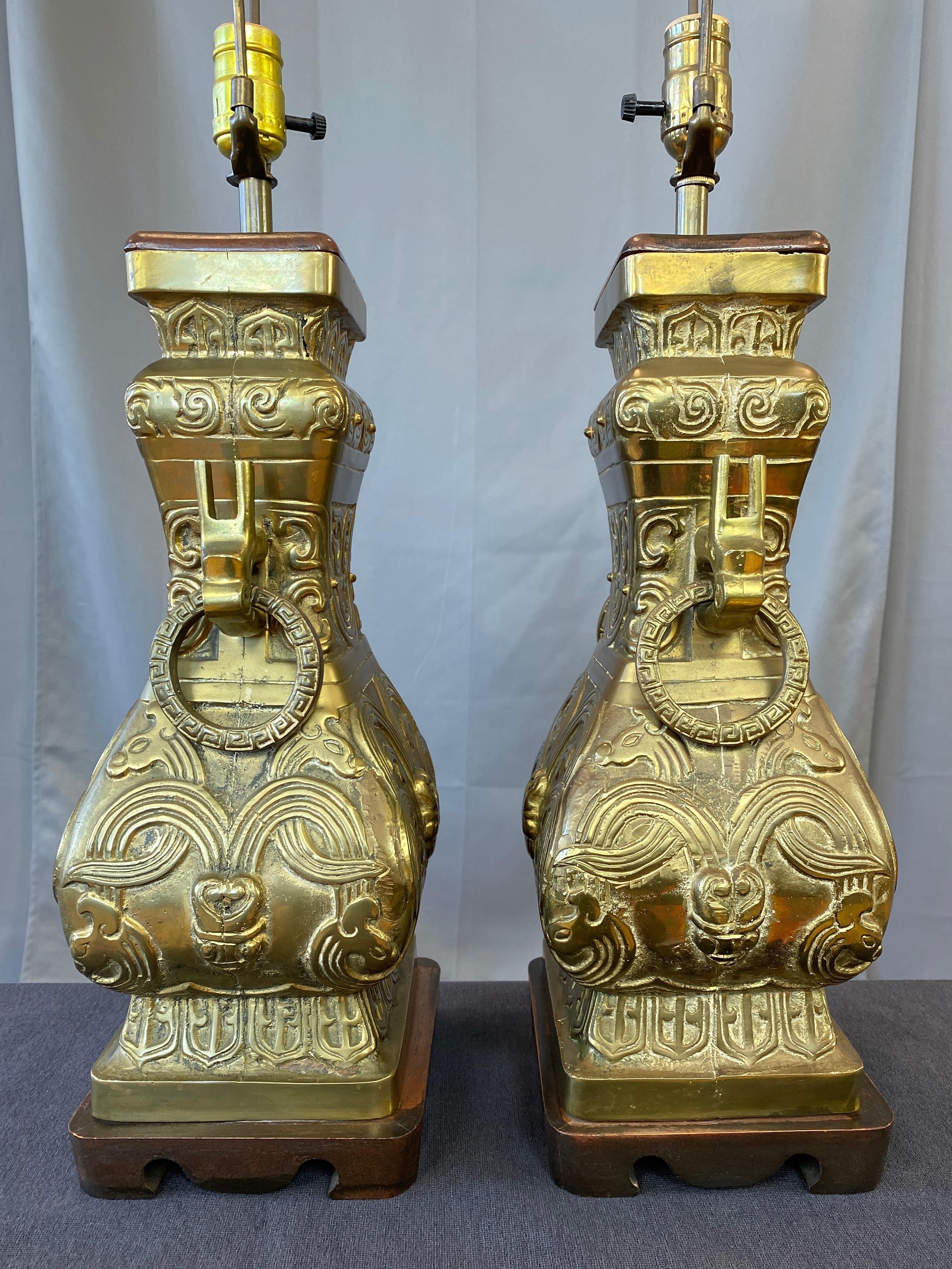 Hong Kong Pair of James Mont-Style Chinese Archaistic Brass Table Lamps, 1950s