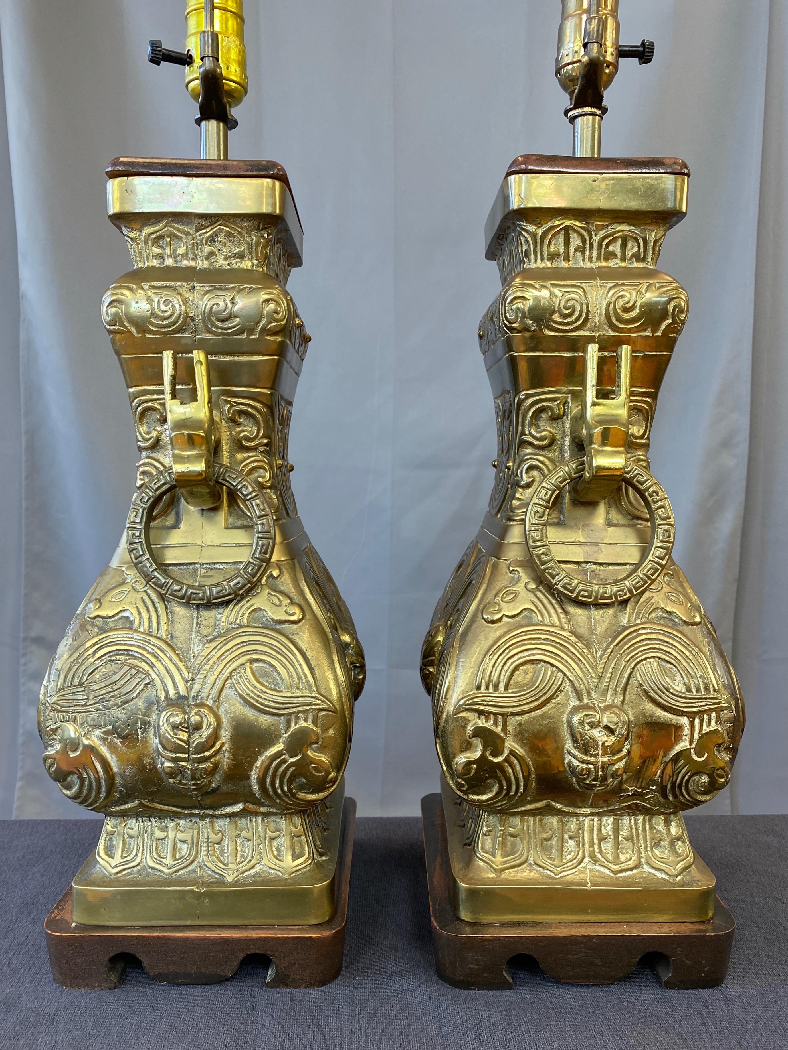 Mid-20th Century Pair of James Mont-Style Chinese Archaistic Brass Table Lamps, 1950s