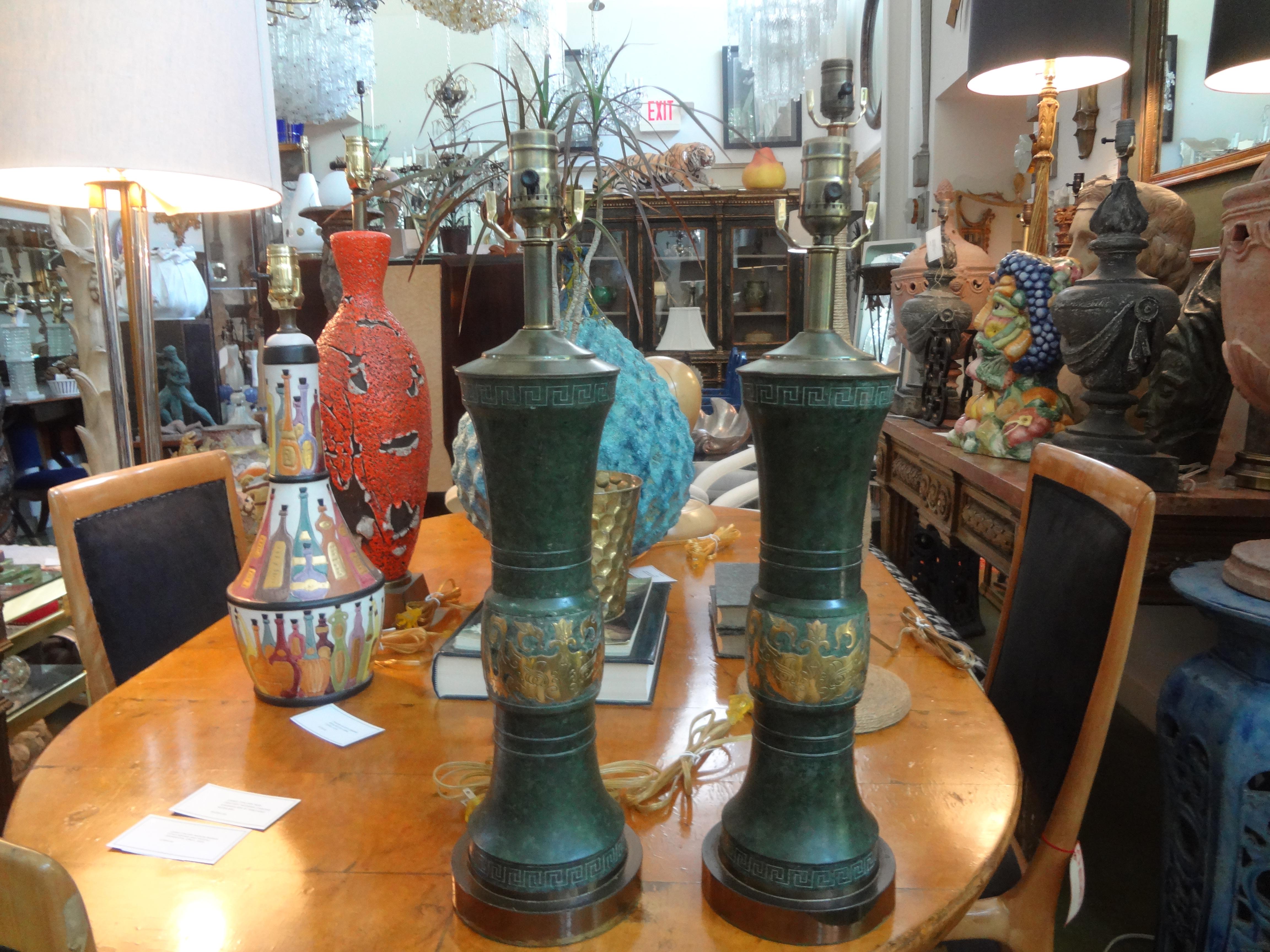 Pair of James Mont Style Lamps with Greek Key Design In Good Condition For Sale In Houston, TX