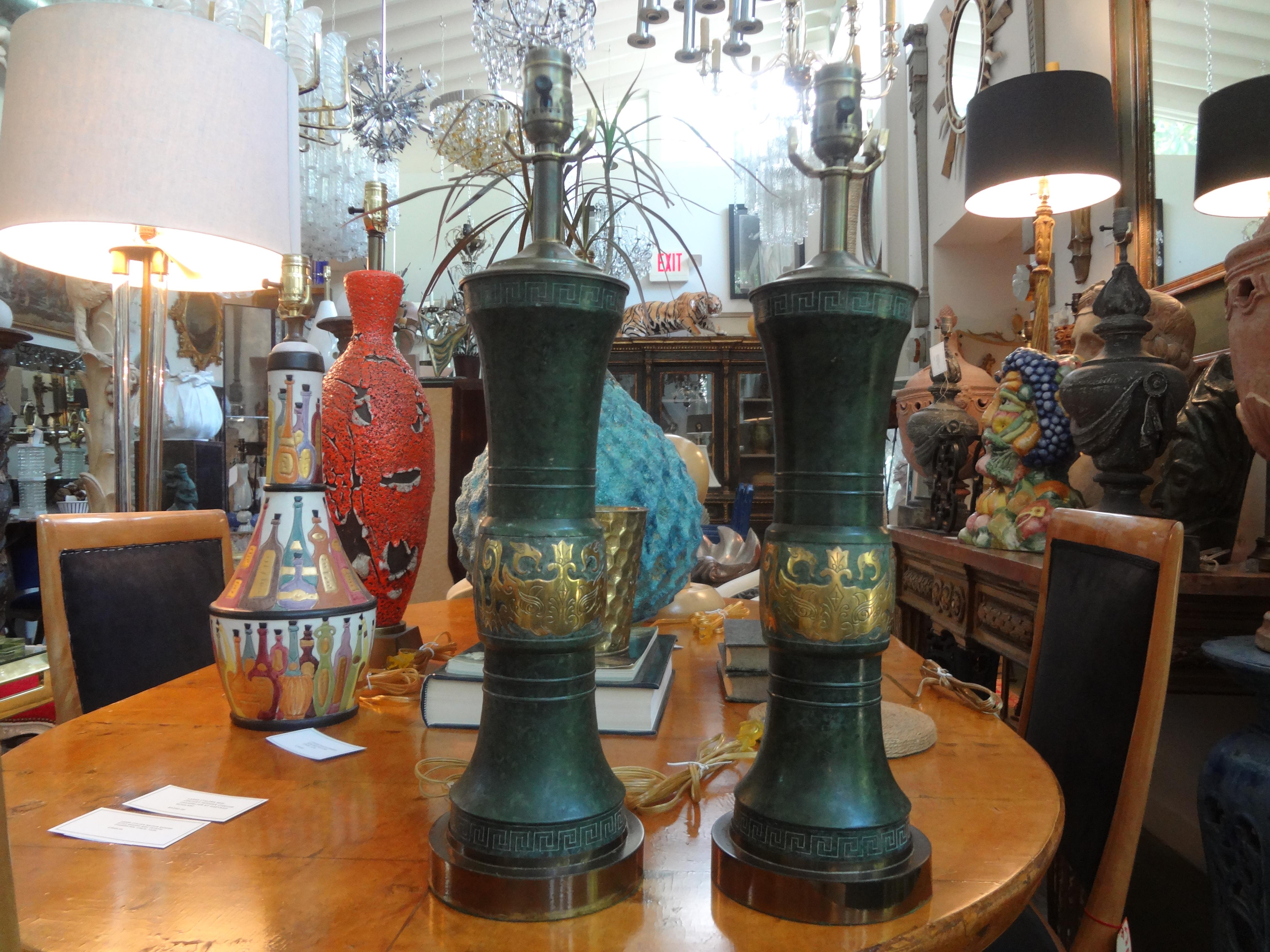 Mid-20th Century Pair of James Mont Style Lamps with Greek Key Design For Sale