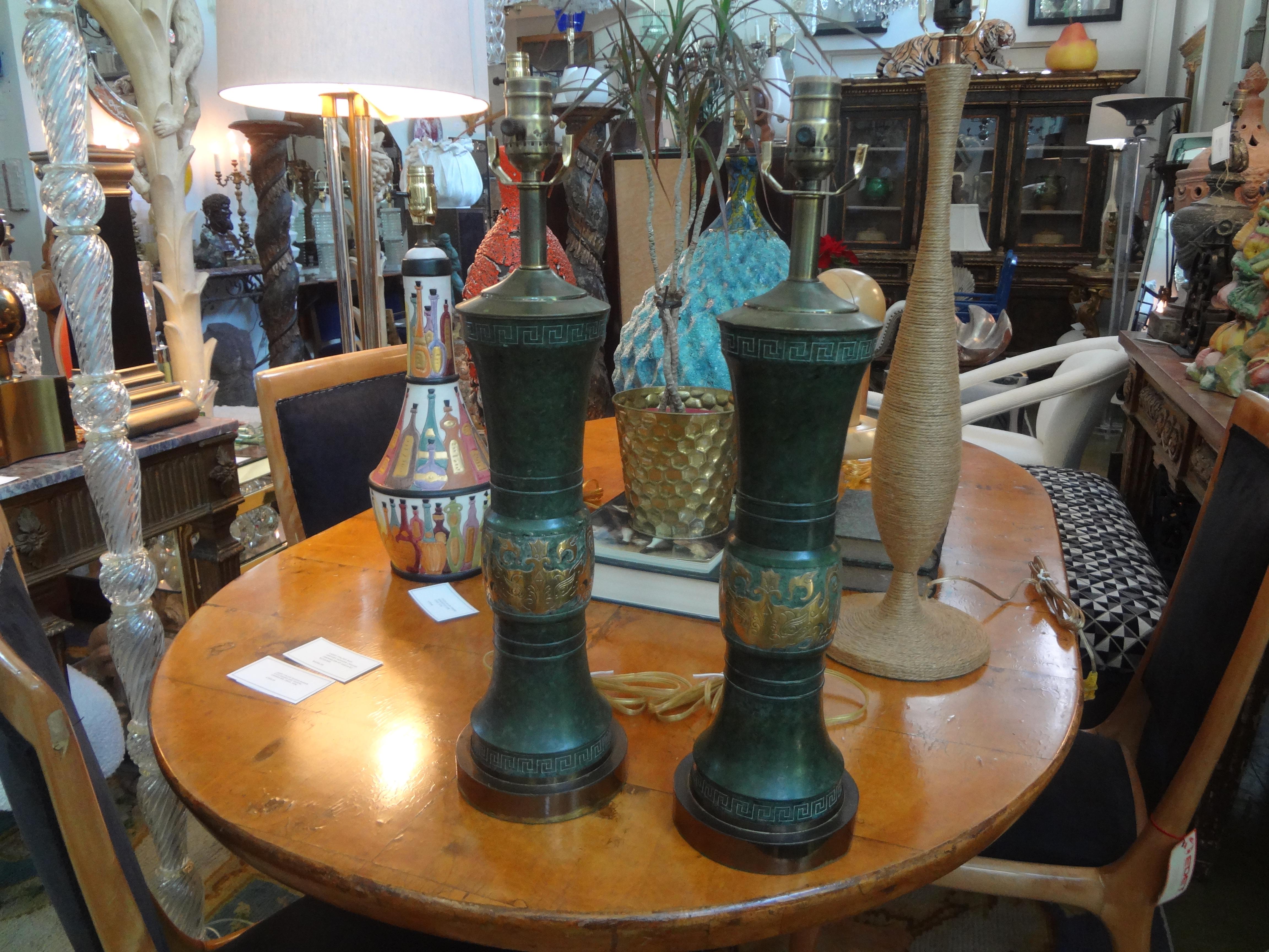 Metal Pair of James Mont Style Lamps with Greek Key Design For Sale