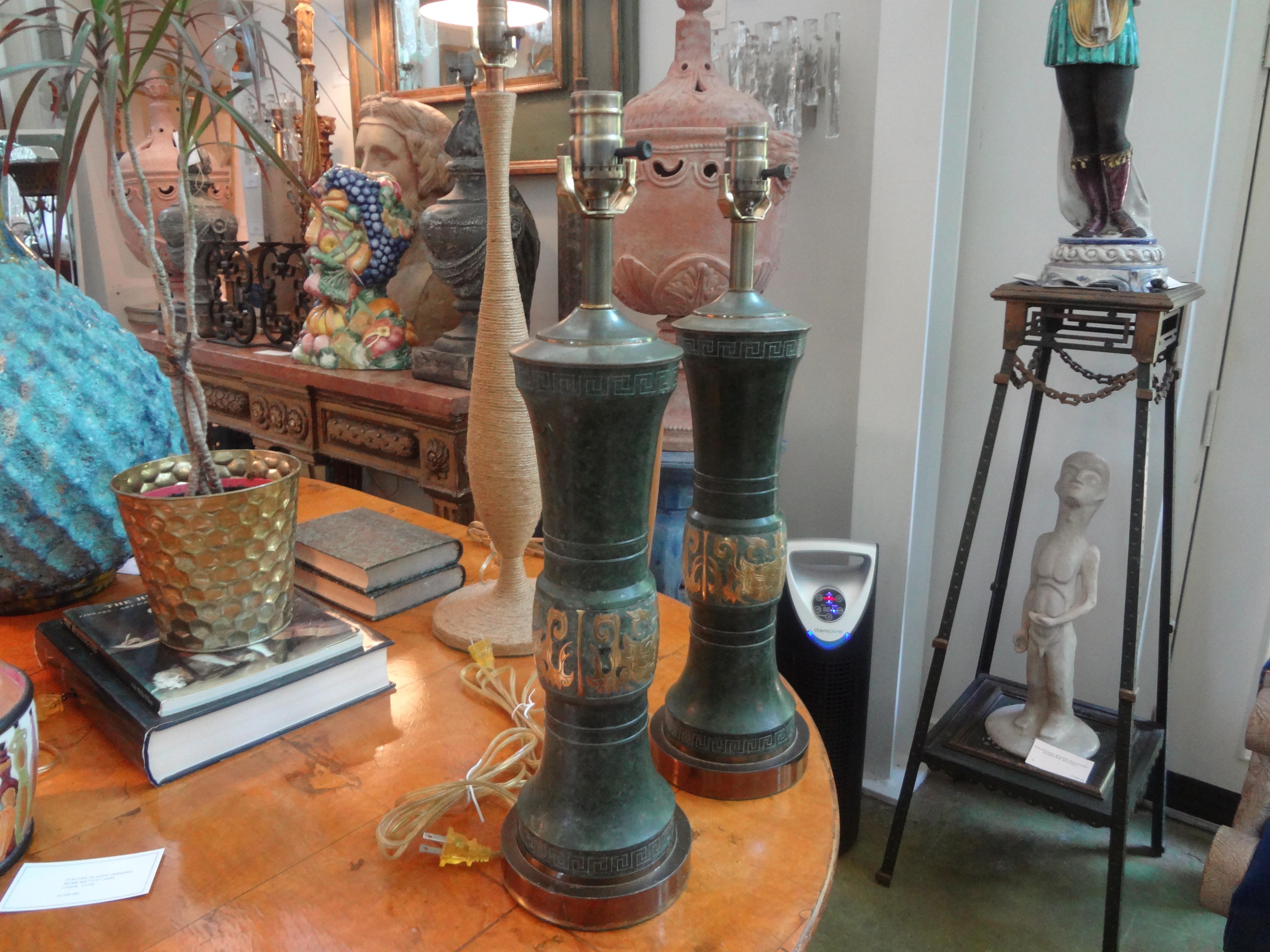 Pair of James Mont Style Lamps with Greek Key Design For Sale 1